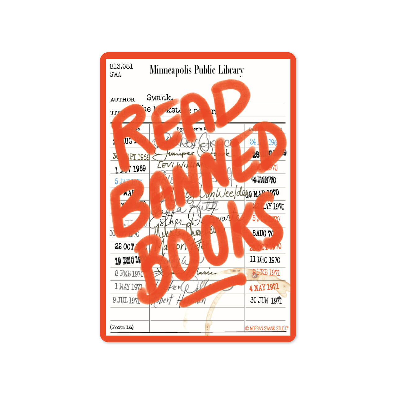 “Read Banned Books” waterproof sticker with vintage library card background in bold red text