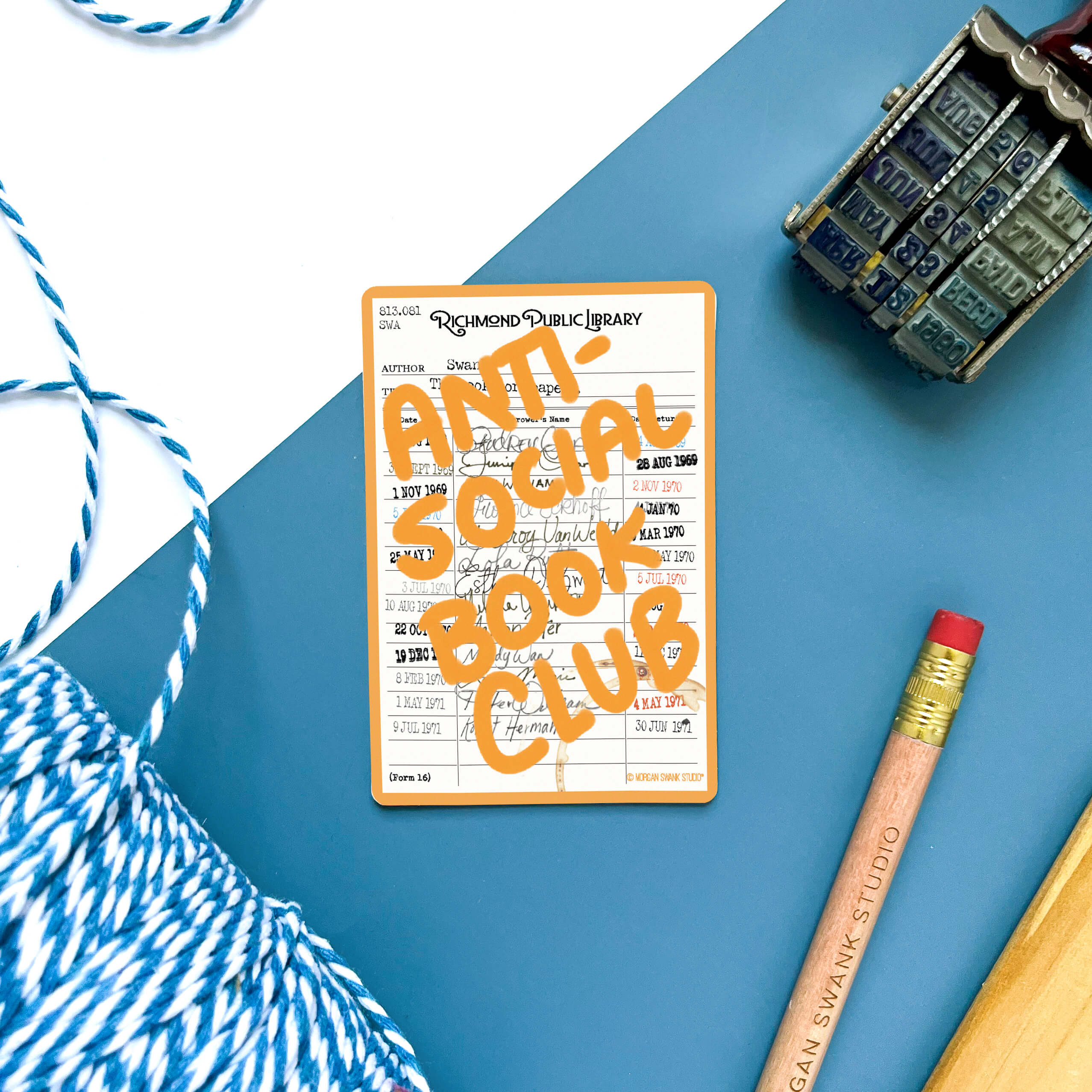 “Anti-Social Book Club” waterproof sticker with orange text over a vintage library checkout card