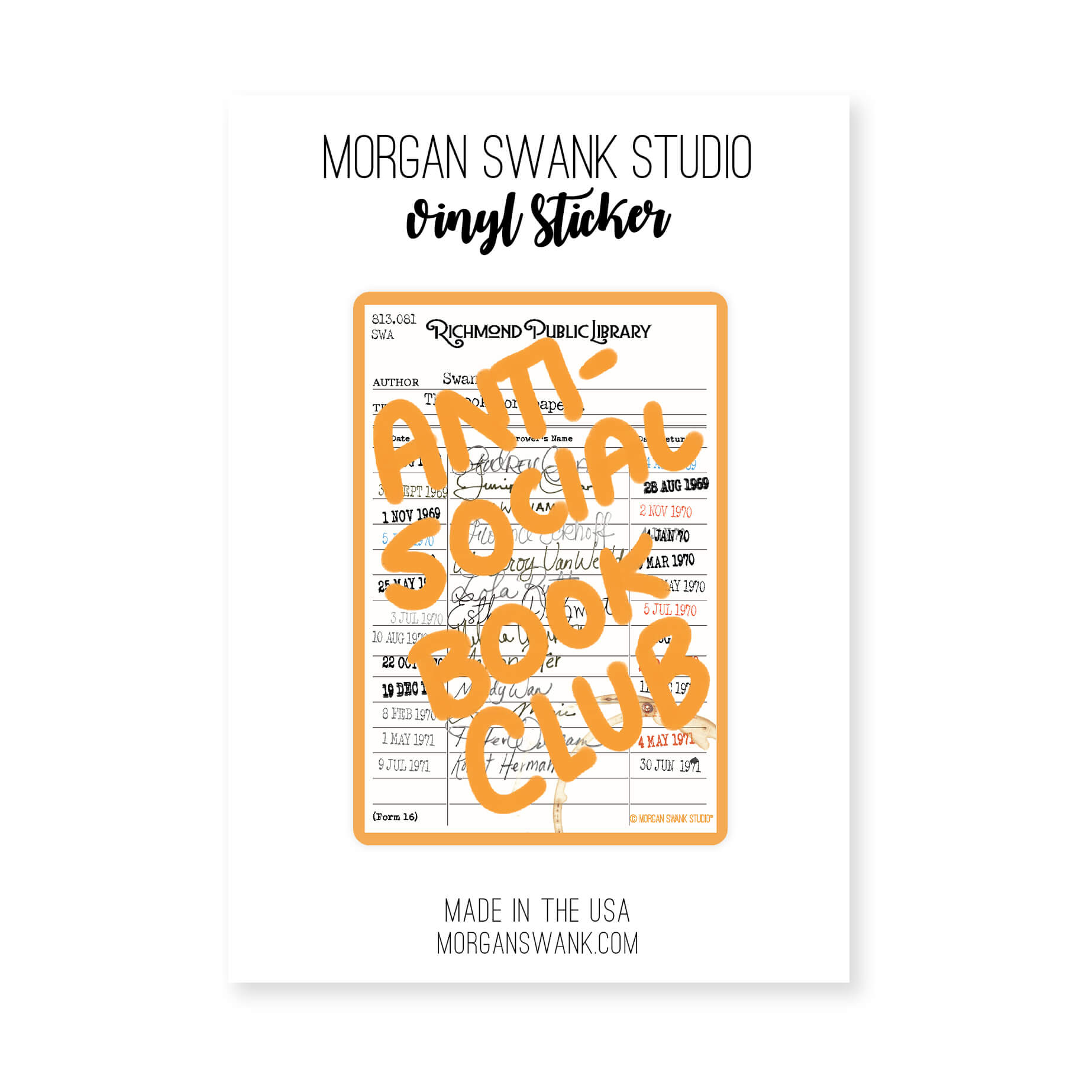 “Anti-Social Book Club” waterproof sticker with orange text over a vintage library checkout card