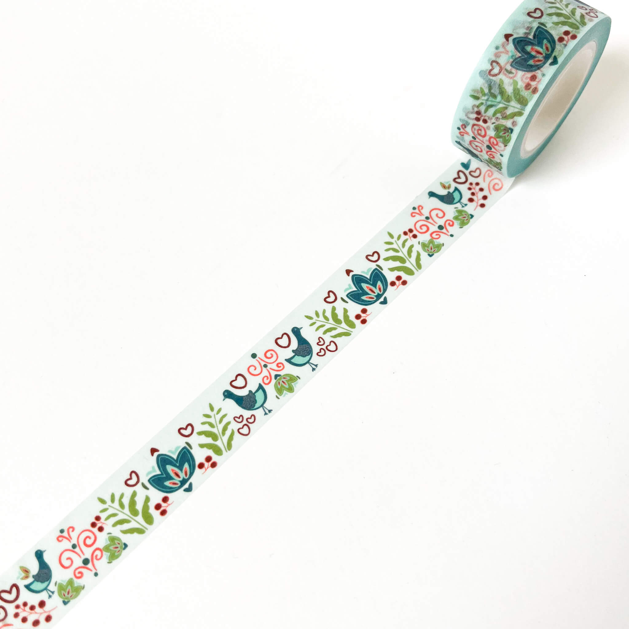 Light blue washi tape with teal folk art birds, hearts, and florals