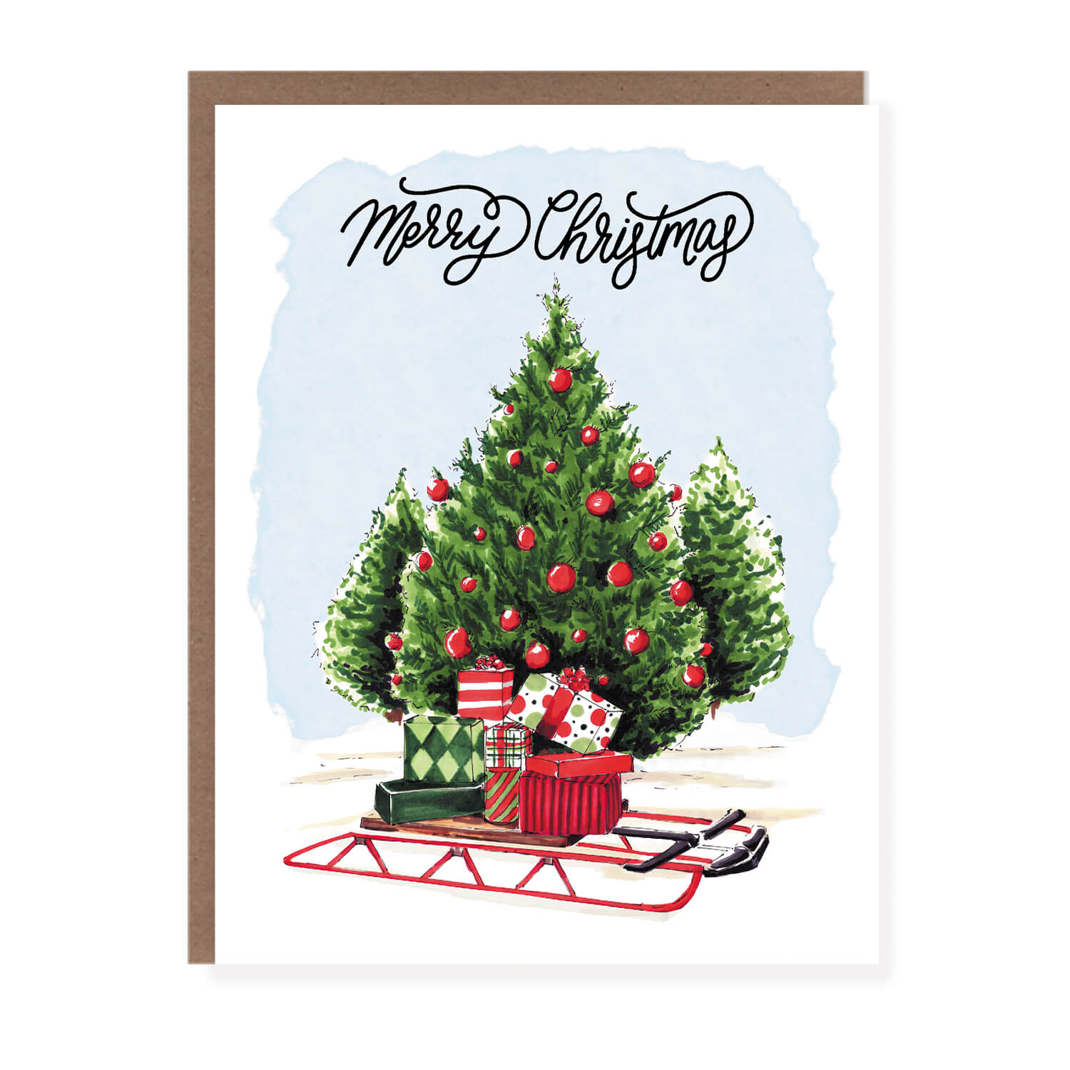 Holiday card showing a decorated Christmas tree with red ornaments and wrapped presents on a red sled, with the text 'Merry Christmas.'