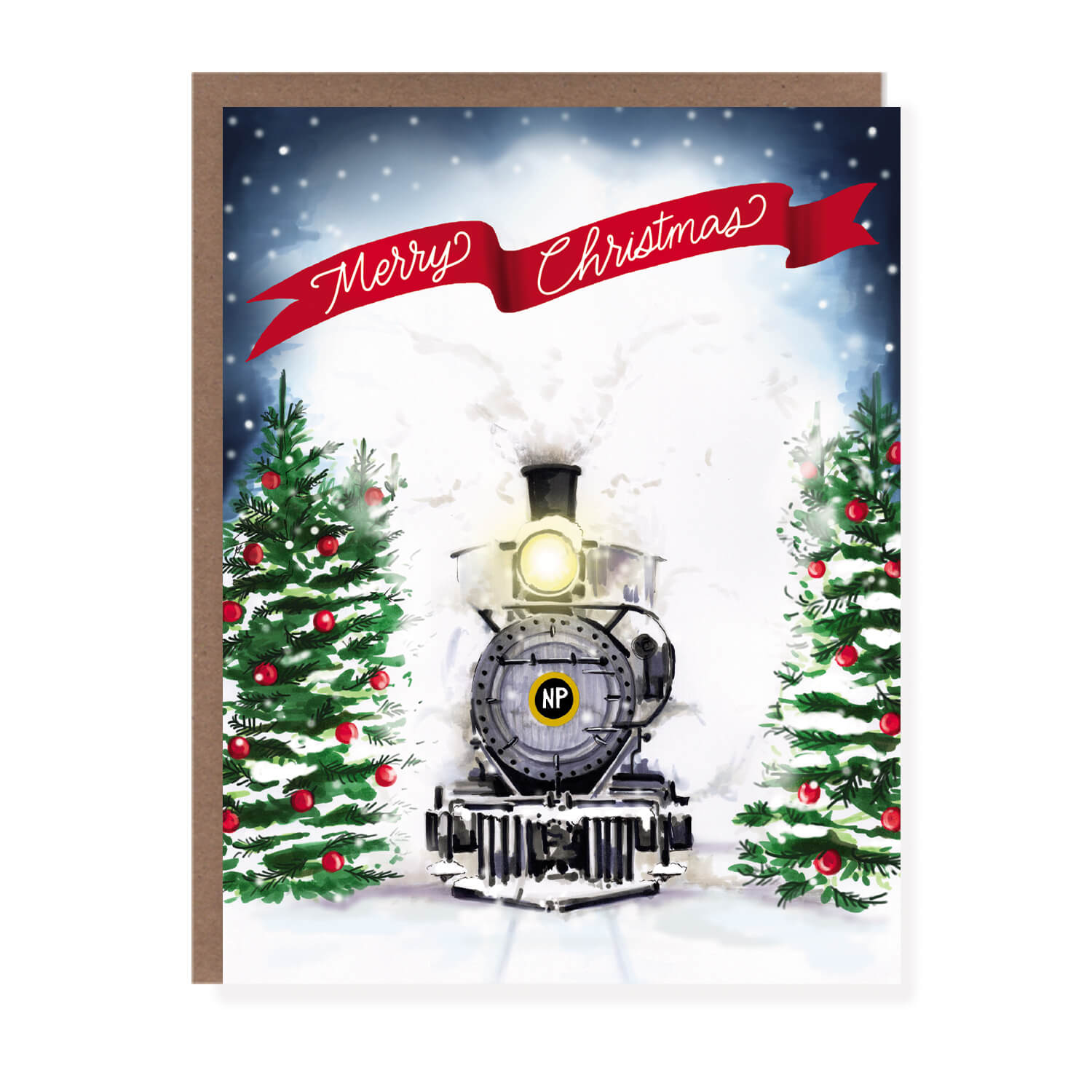 Greeting card with a vintage steam train driving through snowy pine trees, a red ribbon banner above reads 'Merry Christmas.'