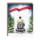 Greeting card with a vintage steam train driving through snowy pine trees, a red ribbon banner above reads 'Merry Christmas.'