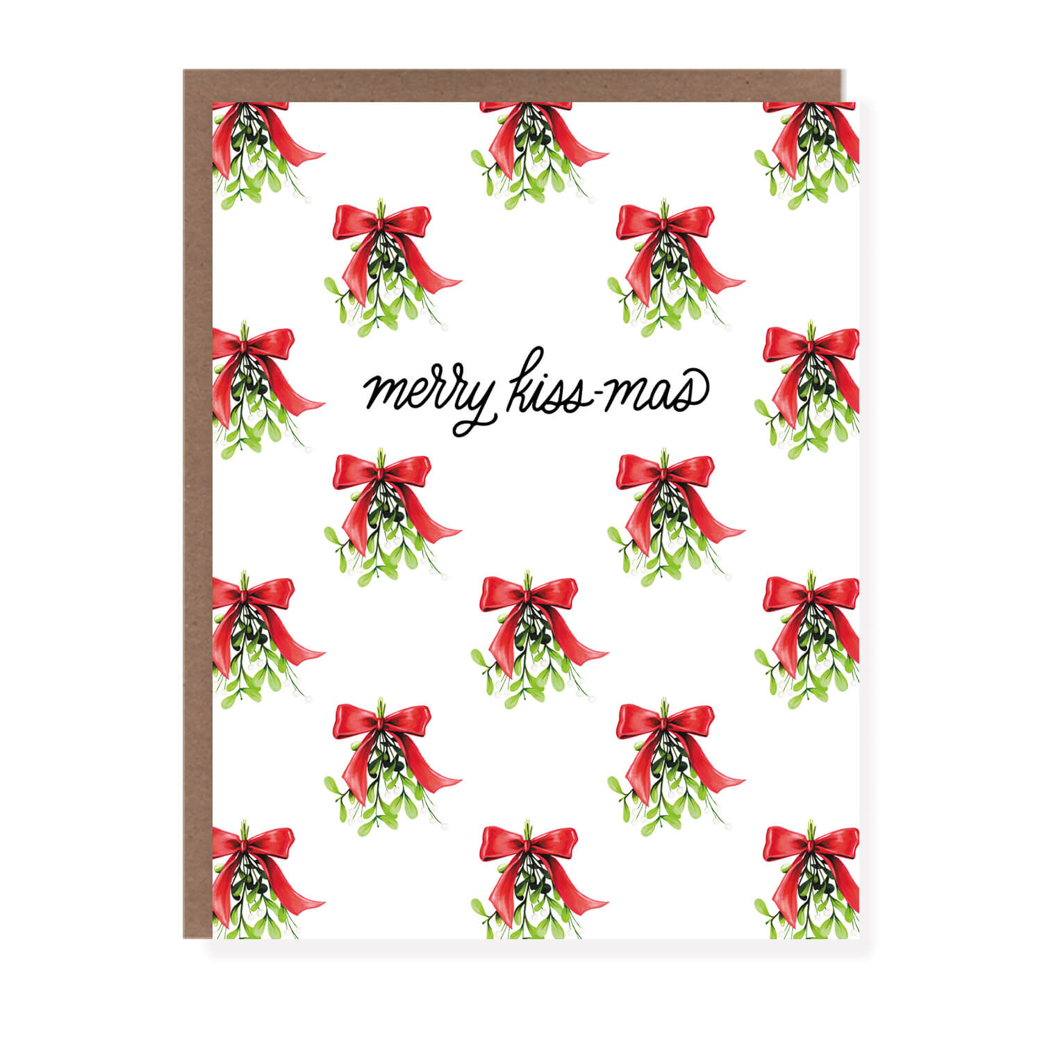 Holiday card with a repeating pattern of mistletoe tied with red bows and the text 'merry kiss-mas' in playful script in the center.