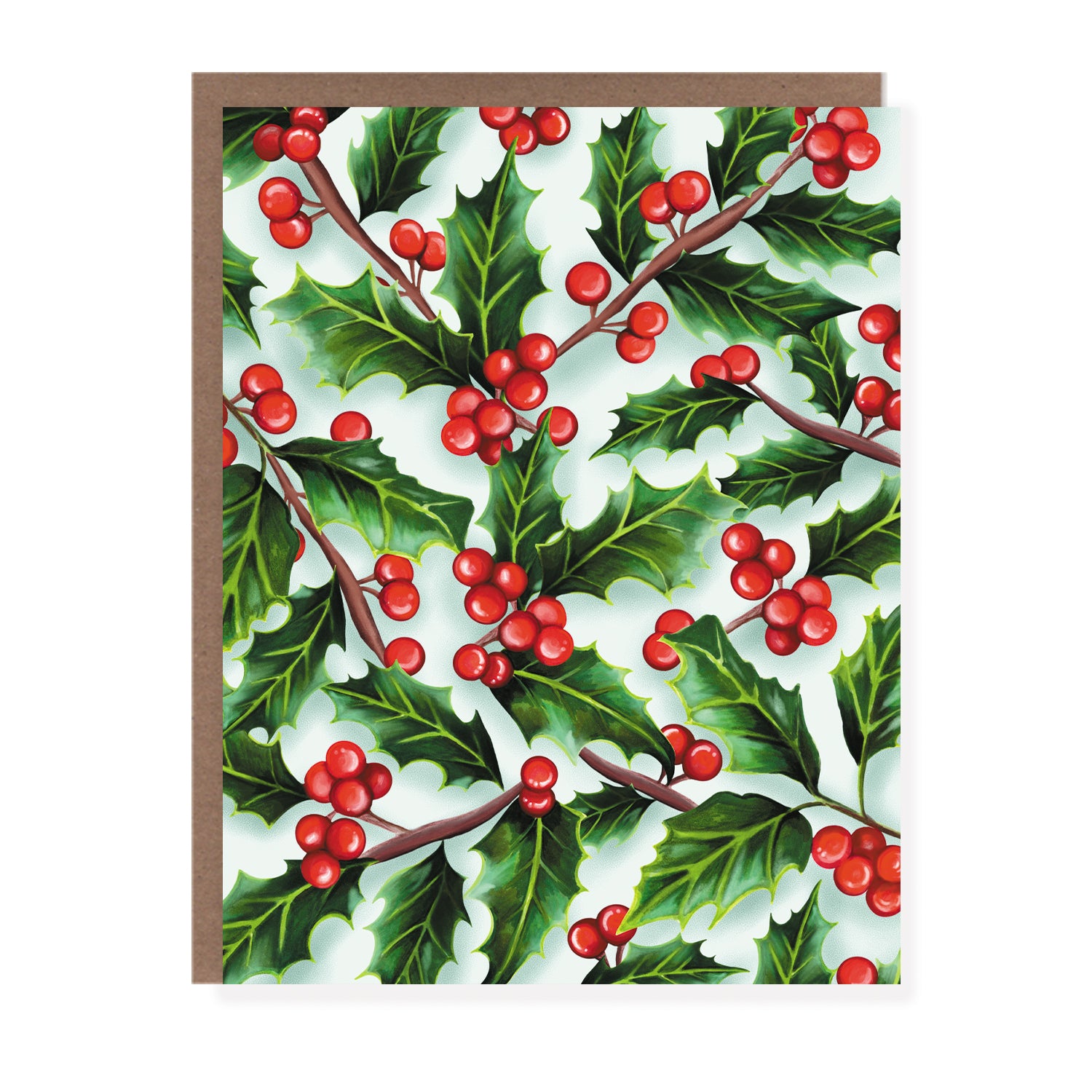 Christmas card with a seamless pattern of green holly leaves and bright red berries on a soft blue background.
