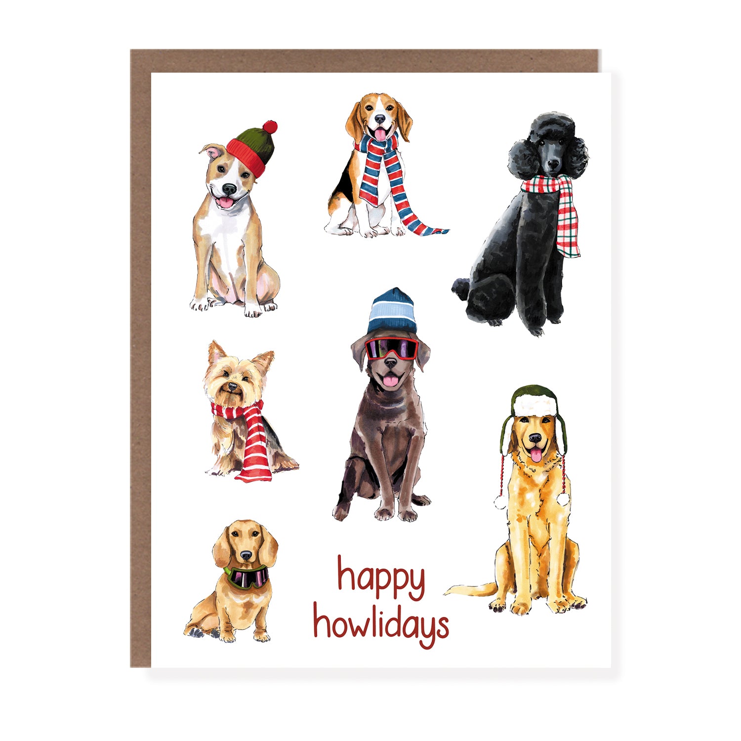 Greeting card featuring a group of illustrated dogs in winter hats and scarves with the text 'happy howlidays' at the bottom.