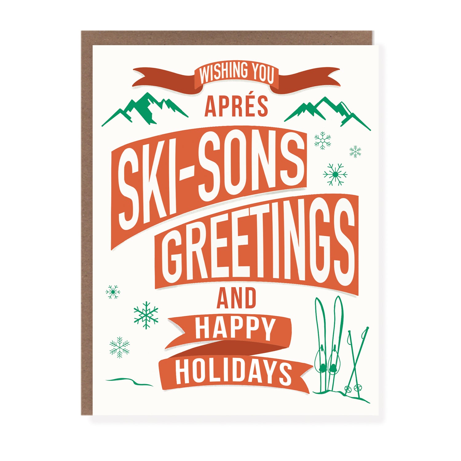 Holiday card with retro typography reading “Apres Ski-sons Greetings and Happy Holidays.”