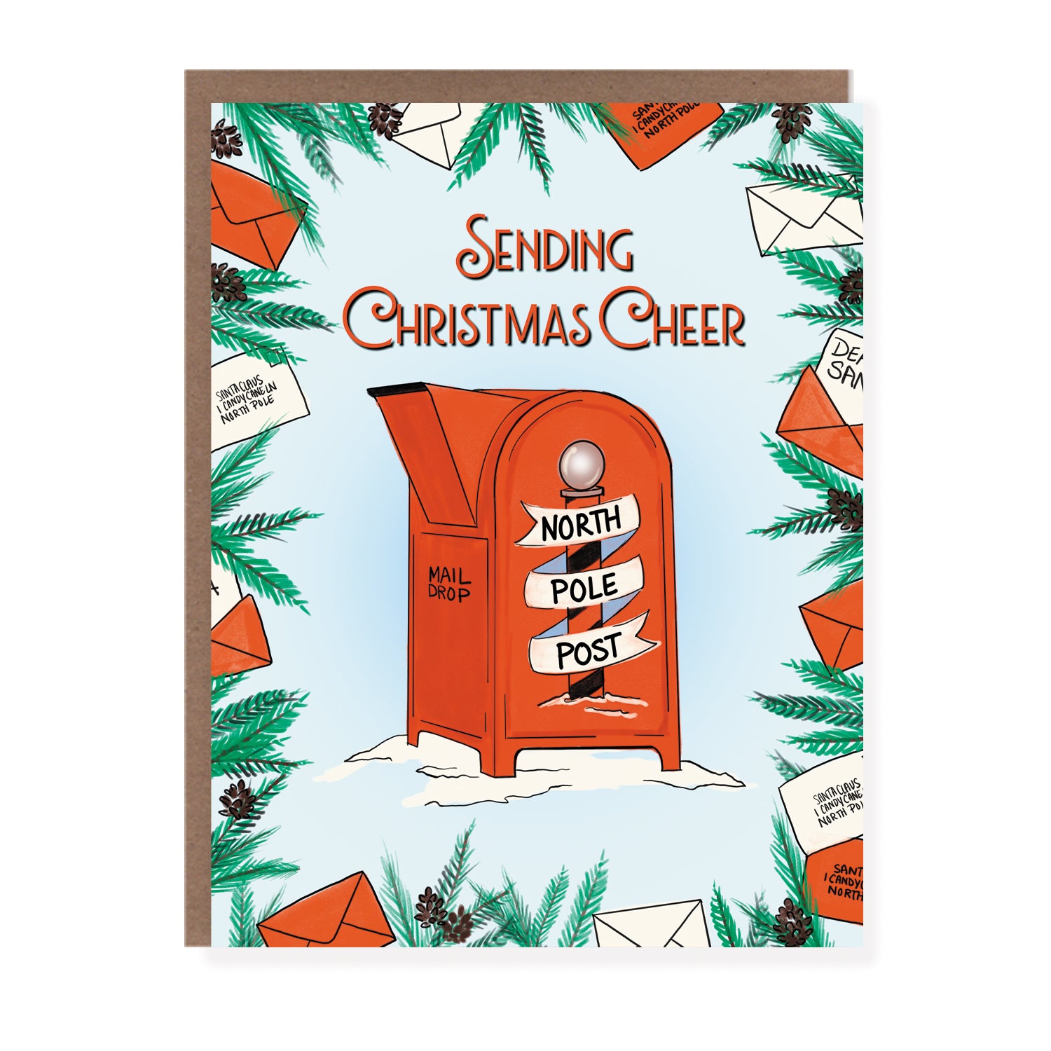 Christmas card with a red North Pole mailbox surrounded by letters and pine branches.