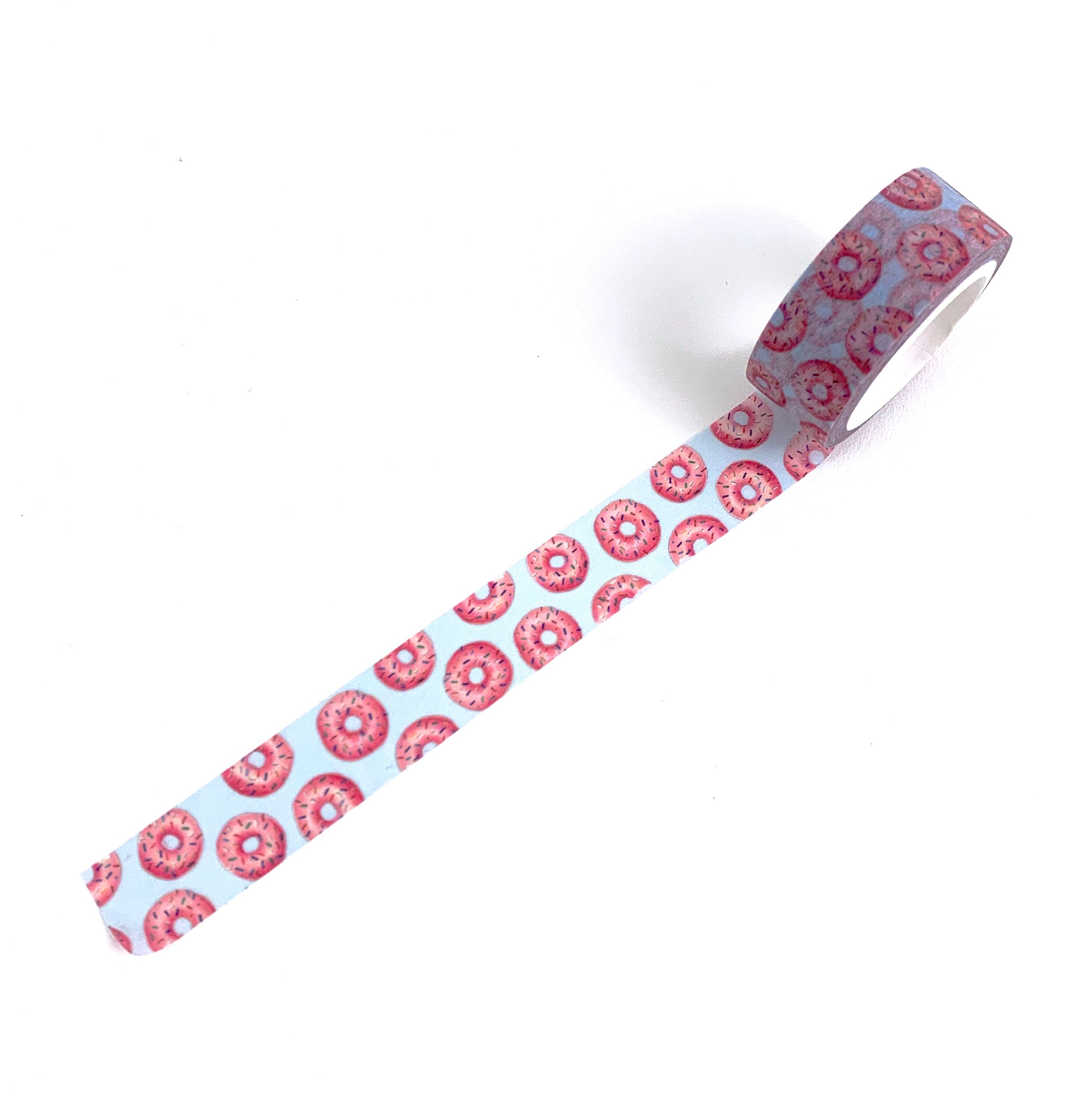 Blue washi tape with repeating pink donut illustrations