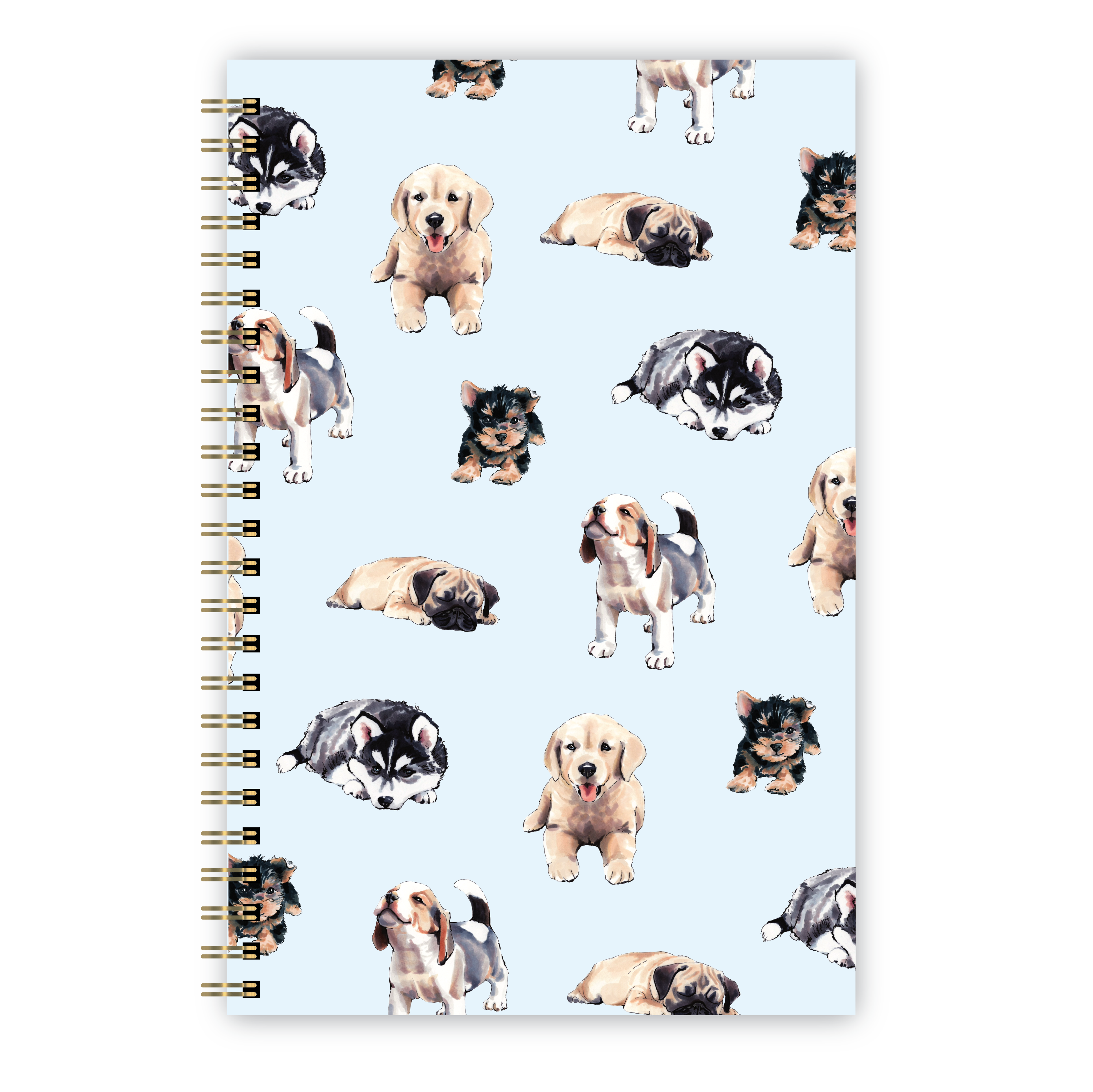 Notebook with illustrated puppies on a pale blue background.