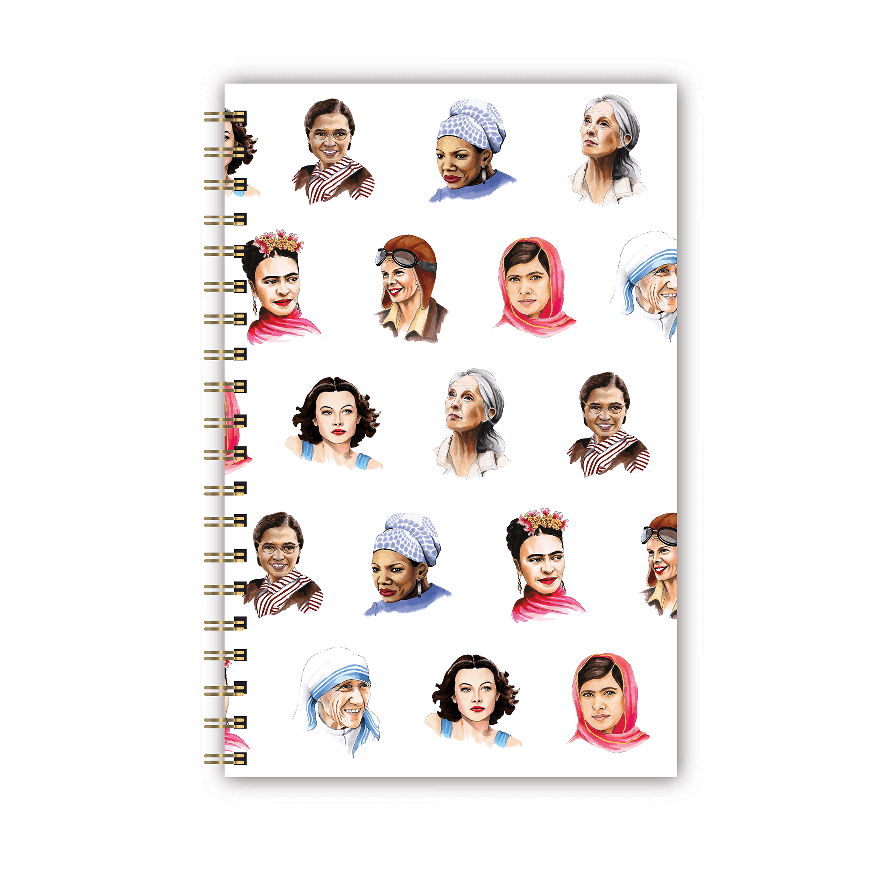 Notebook with portraits of famous women on a white background.