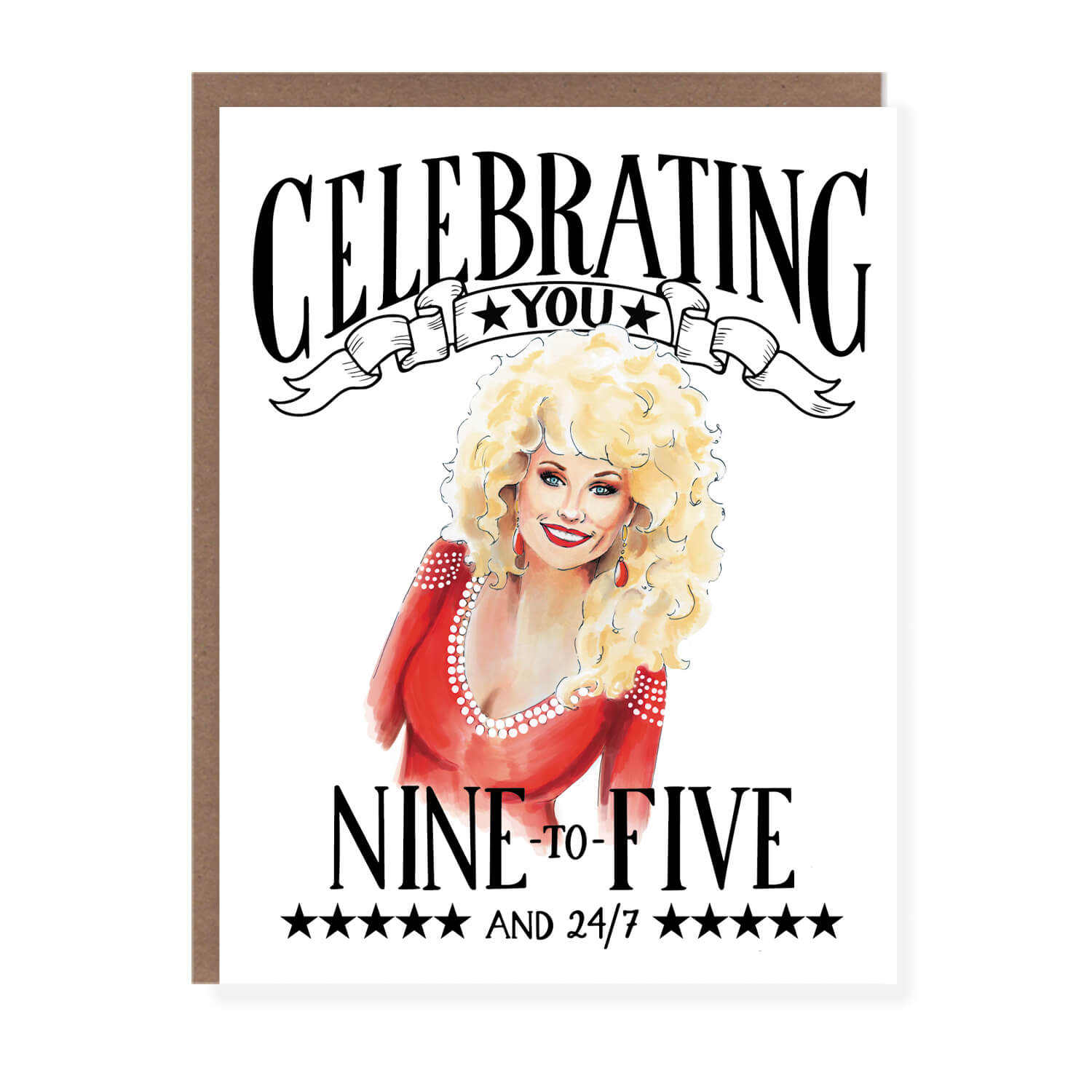 Dolly  with red outfit illustration and the text "Celebrating you nine-to-five and 24/7"