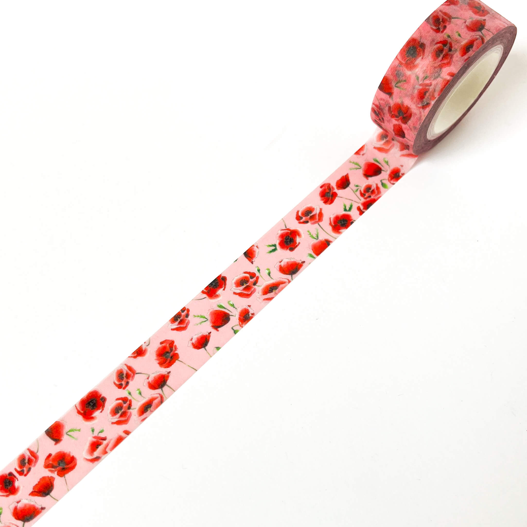 Pink washi tape with red poppy flower illustrations