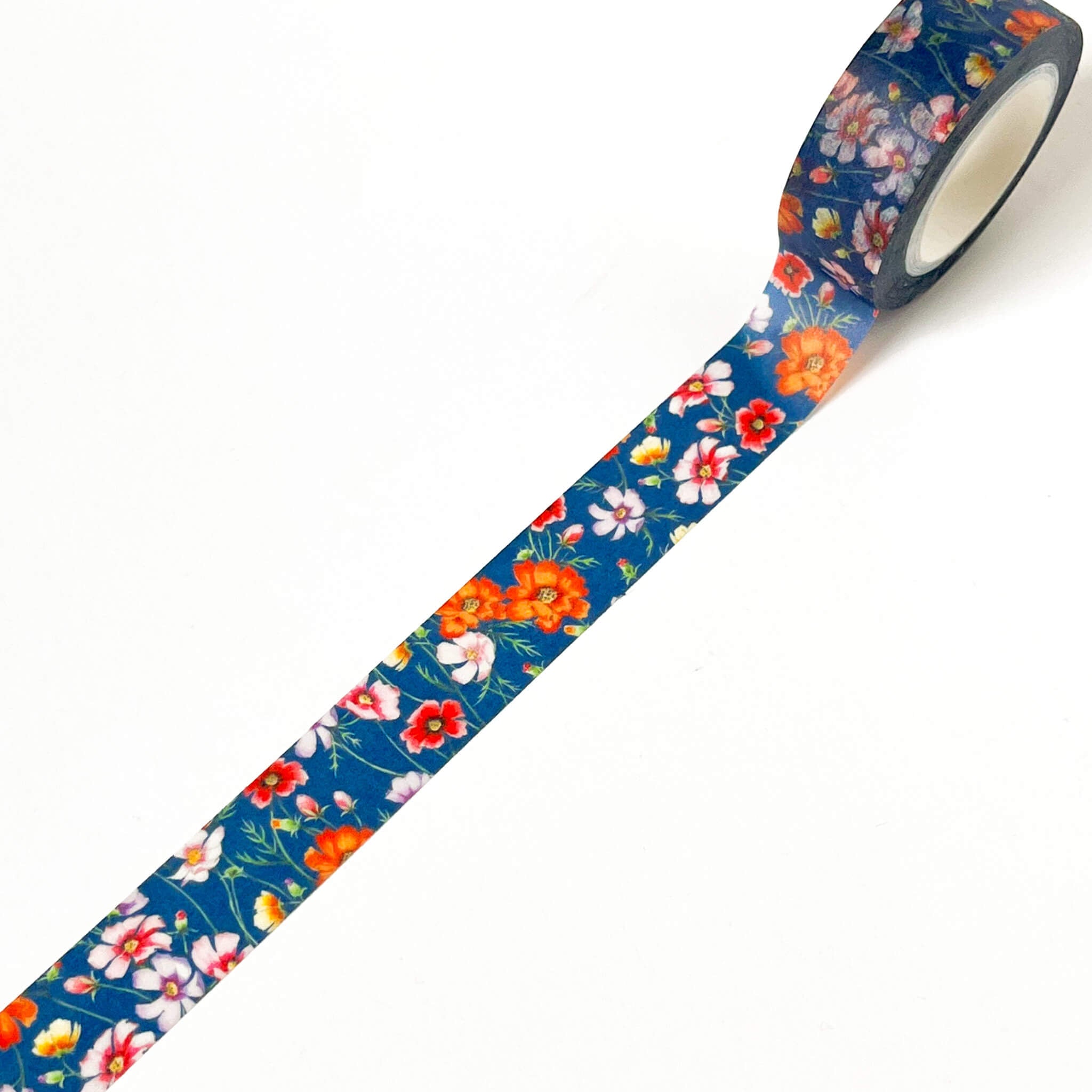 Navy blue washi tape with colorful cosmos flower illustrations
