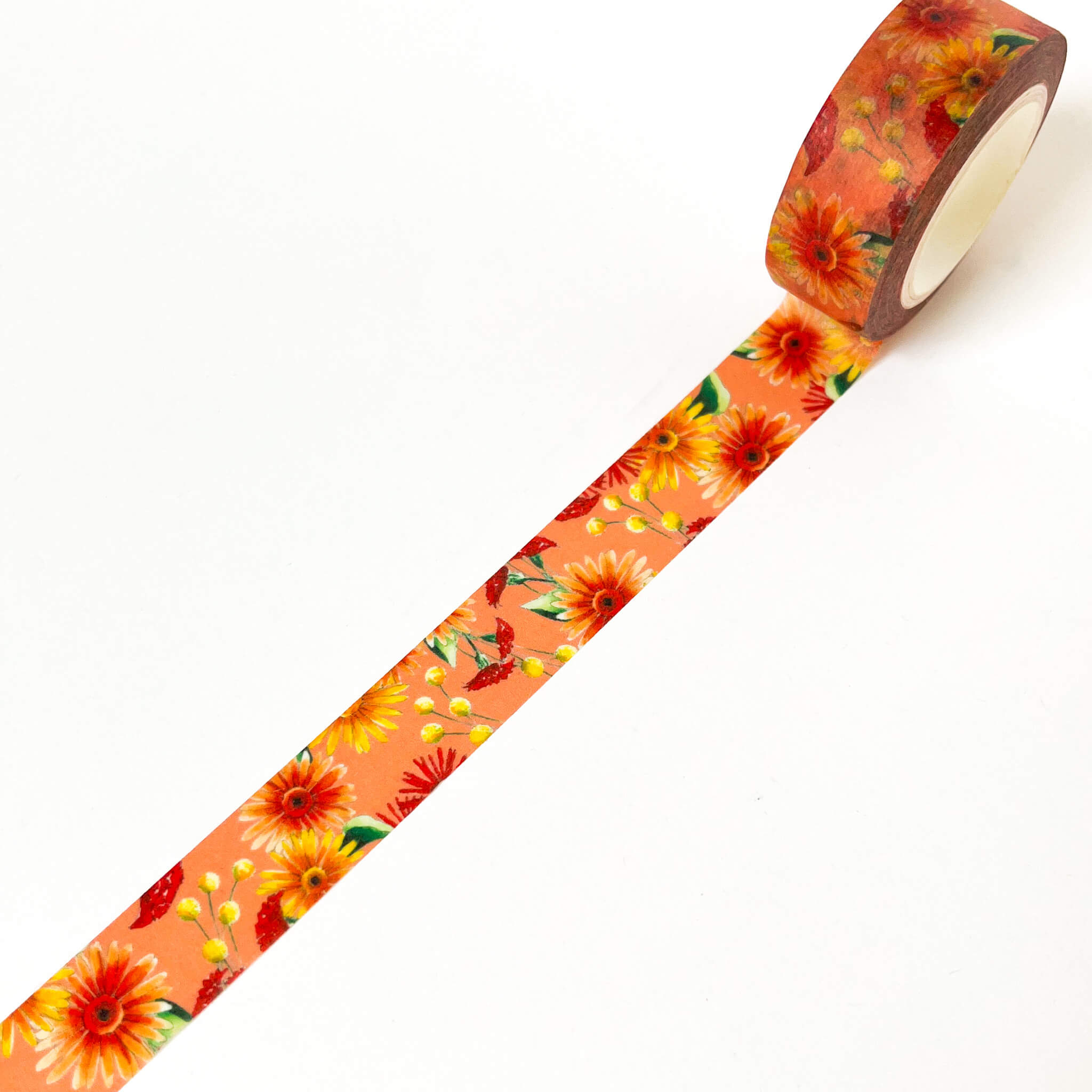 Orange washi tape with yellow and red gerbera daisy illustrations