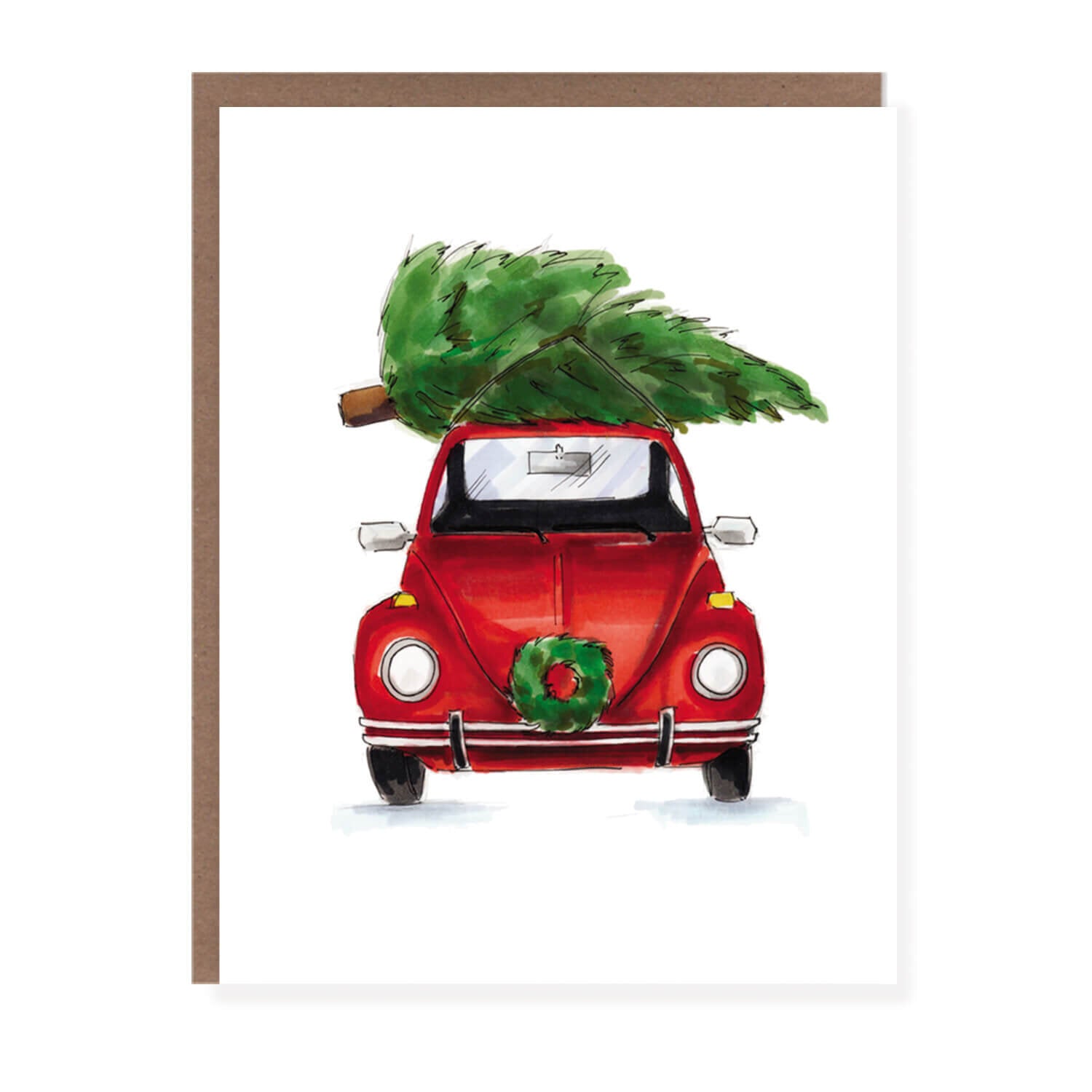 Christmas card with a red vintage car carrying a Christmas tree on the roof and a wreath on the front bumper.