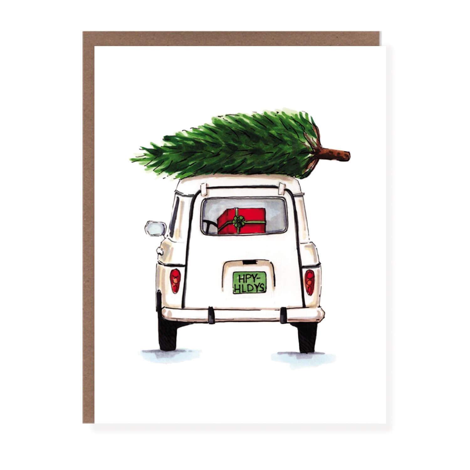 Holiday card showing a white retro car from the back, with a Christmas tree on the roof and gifts in the trunk.