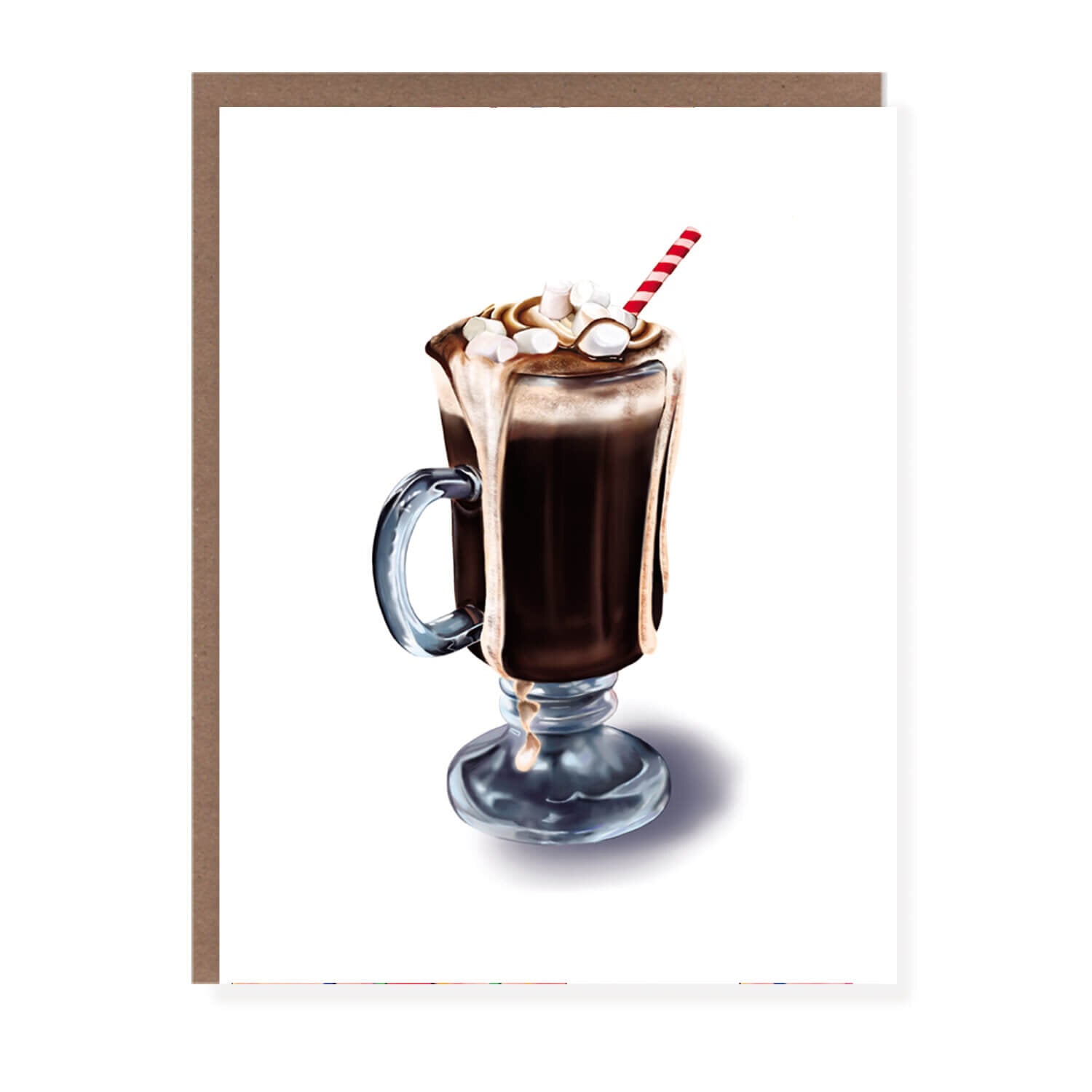 Christmas card featuring a glass mug of overflowing hot chocolate topped with whipped cream, marshmallows, and a red-striped straw.