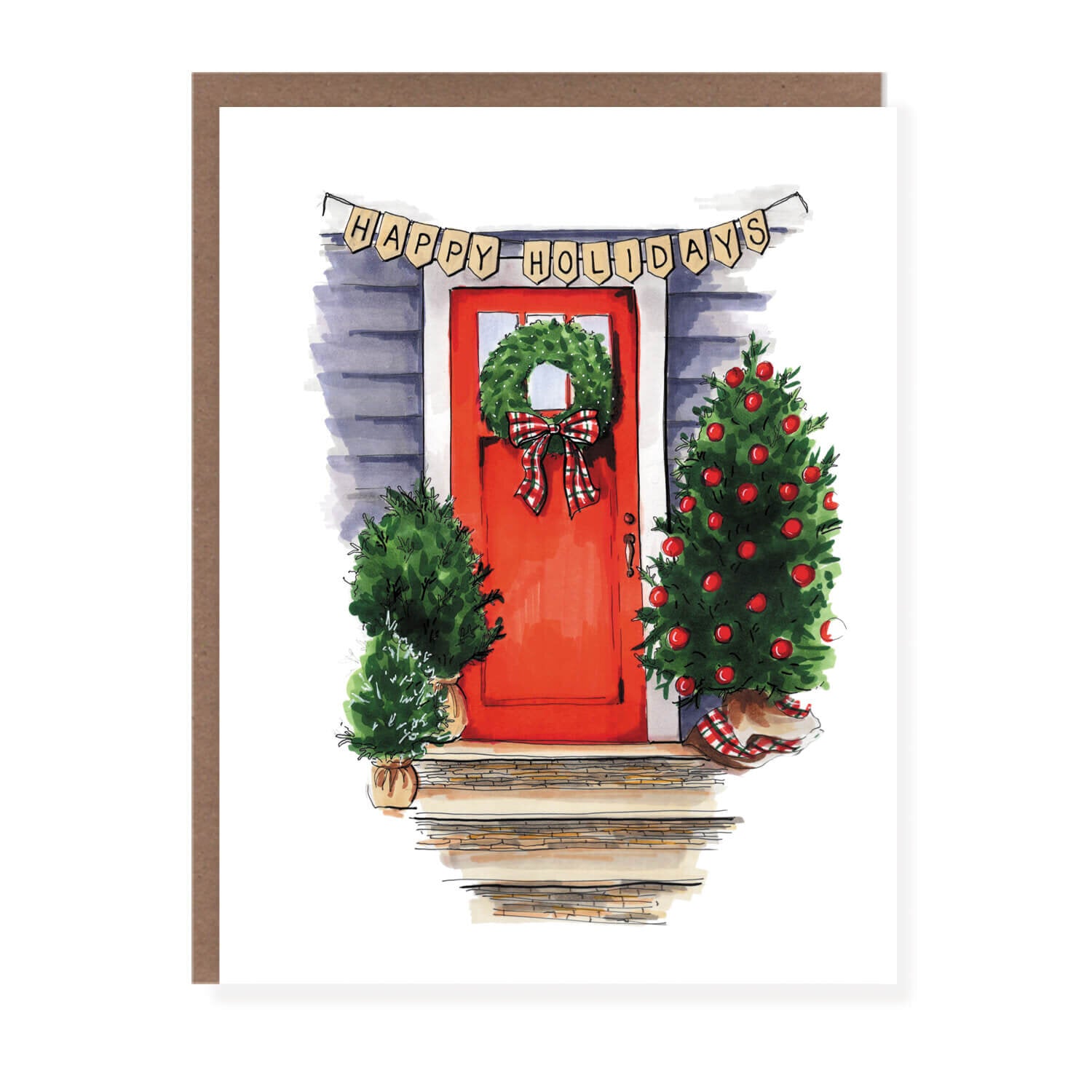 Greeting card showing a red front door decorated with a holiday wreath and trees, with a 'Happy Holidays' banner overhead.