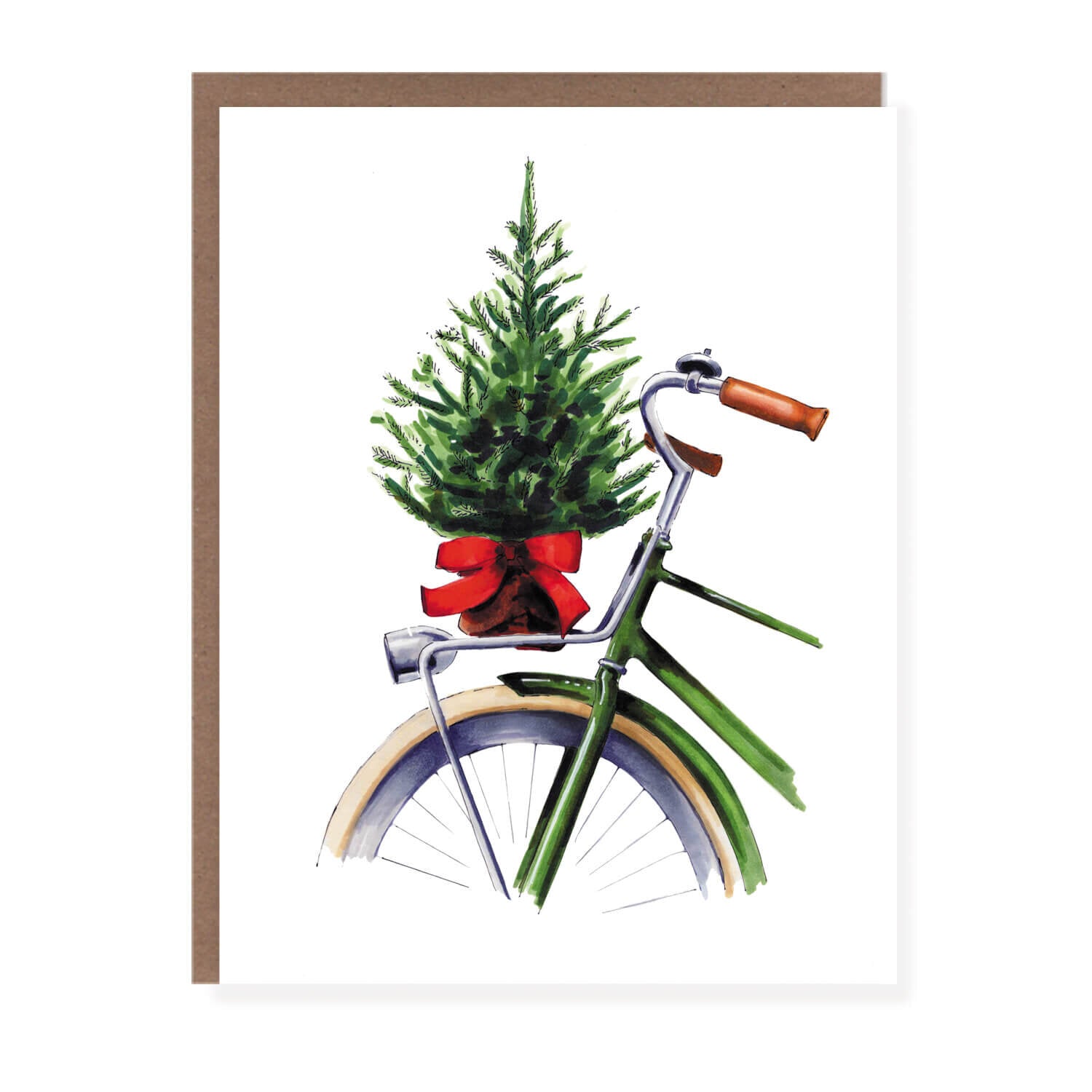 Christmas card with a green bicycle carrying a small decorated tree tied with a red bow on the back.