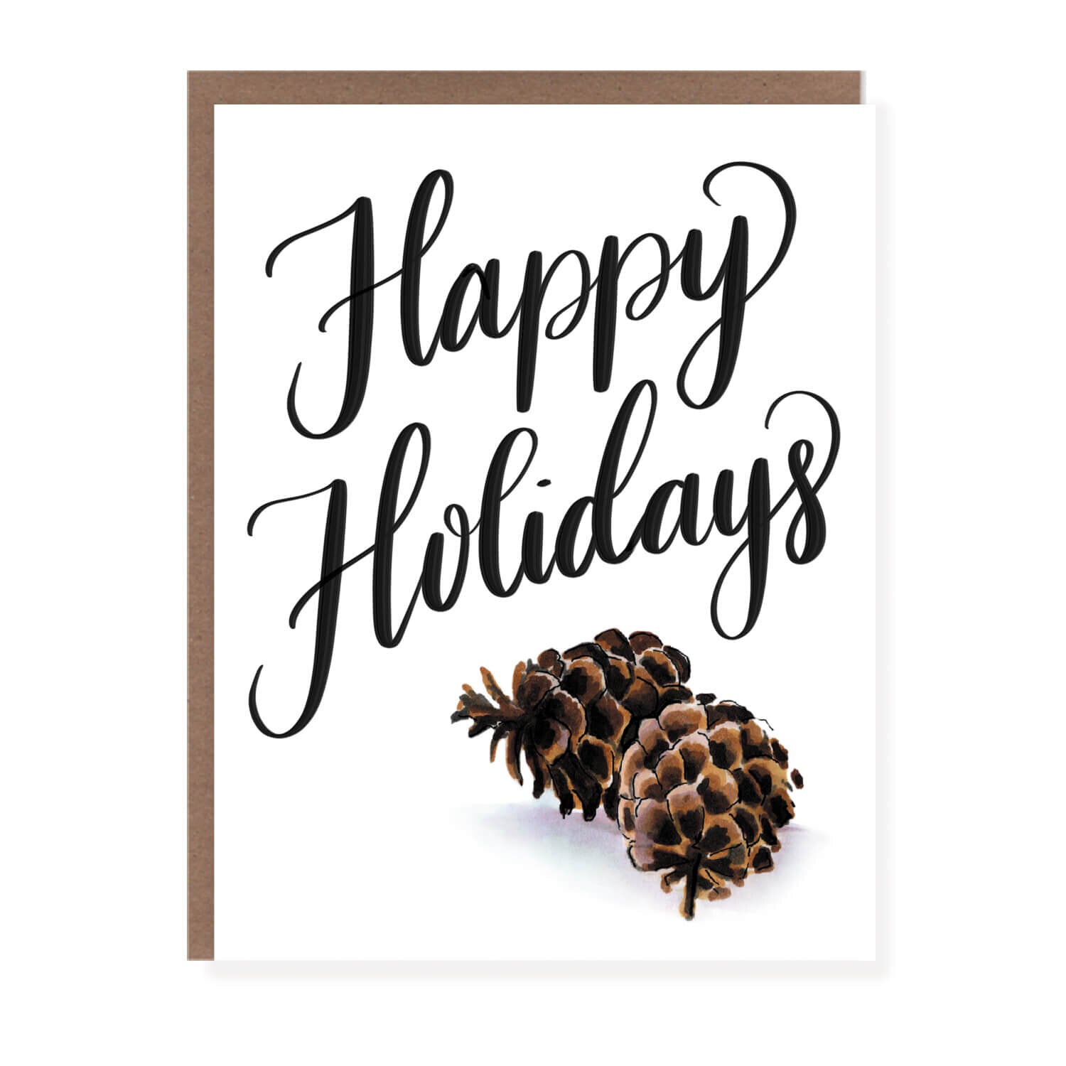 Greeting card with two realistic pinecones and the words 'Happy Holidays' in bold black script.