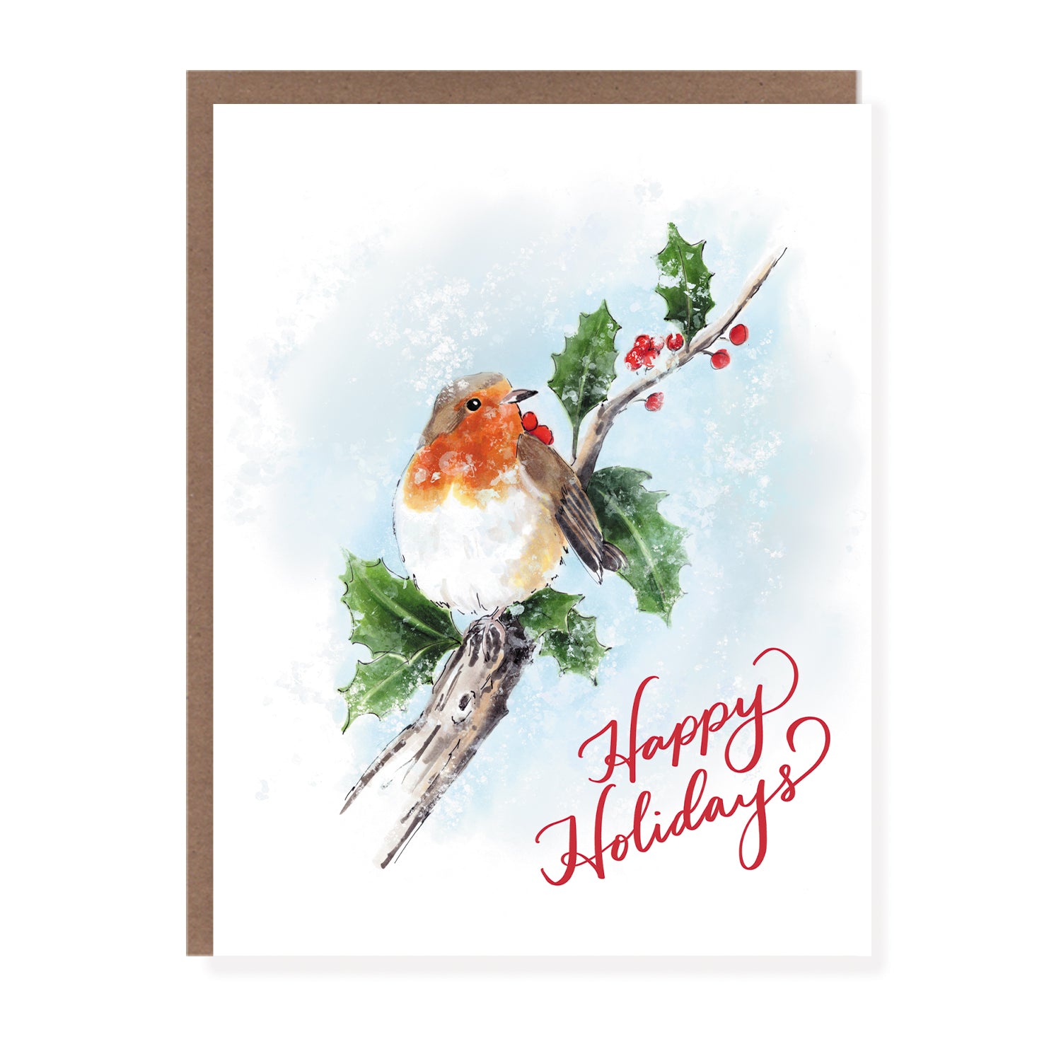 Greeting card with a watercolor-style robin sitting on a holly branch, red berries, and the text 'Happy Holidays' in red script.