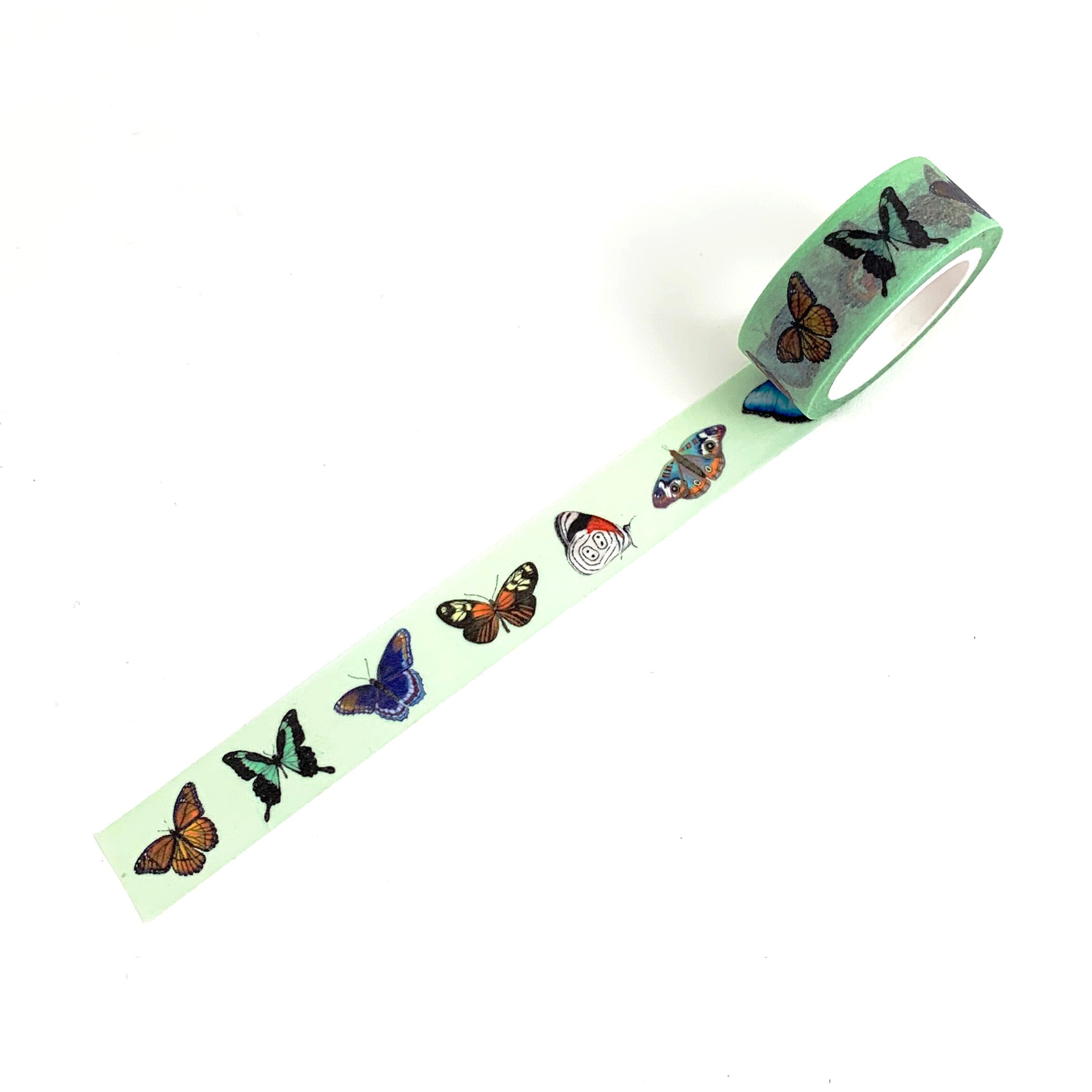 Green washi tape with detailed illustrations of colorful butterflies