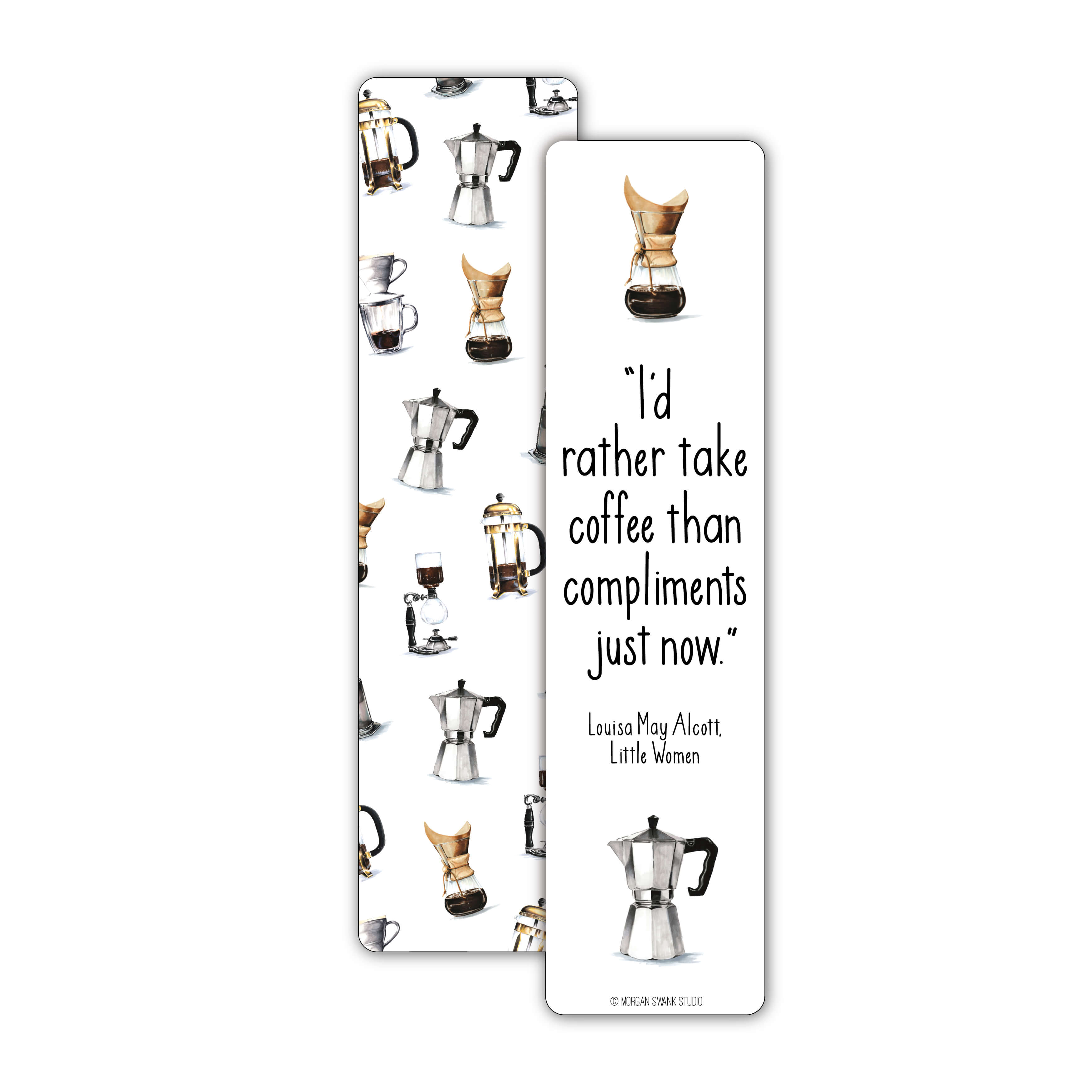 Bookmark with coffee makers and quote by Louisa May Alcott from Little Women