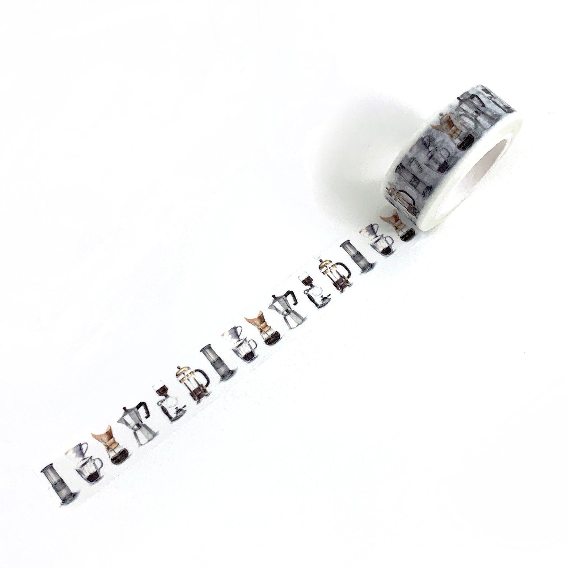 White washi tape with illustrations of coffee brewing equipment