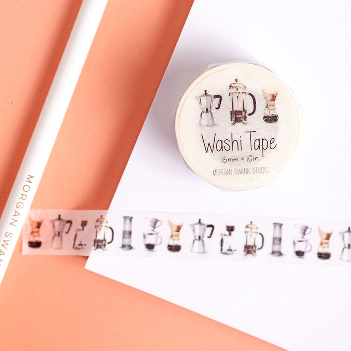 White washi tape with illustrations of coffee brewing equipment