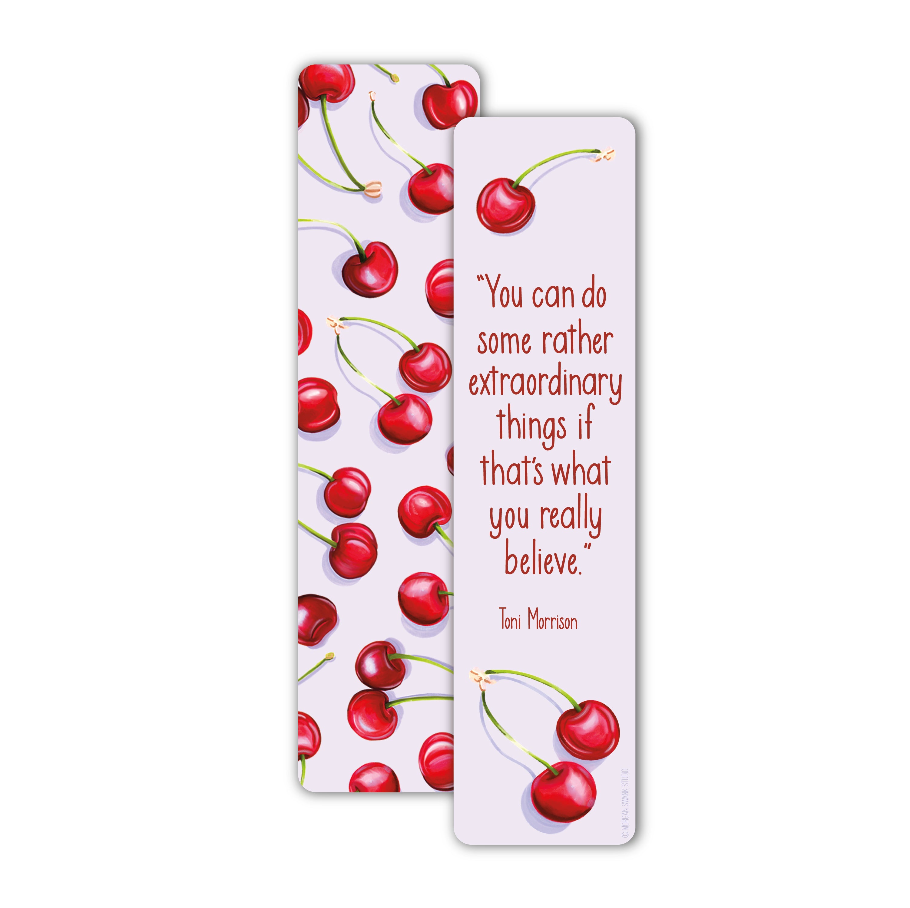 Bookmark with illustrated cherries and quote by Toni Morrison