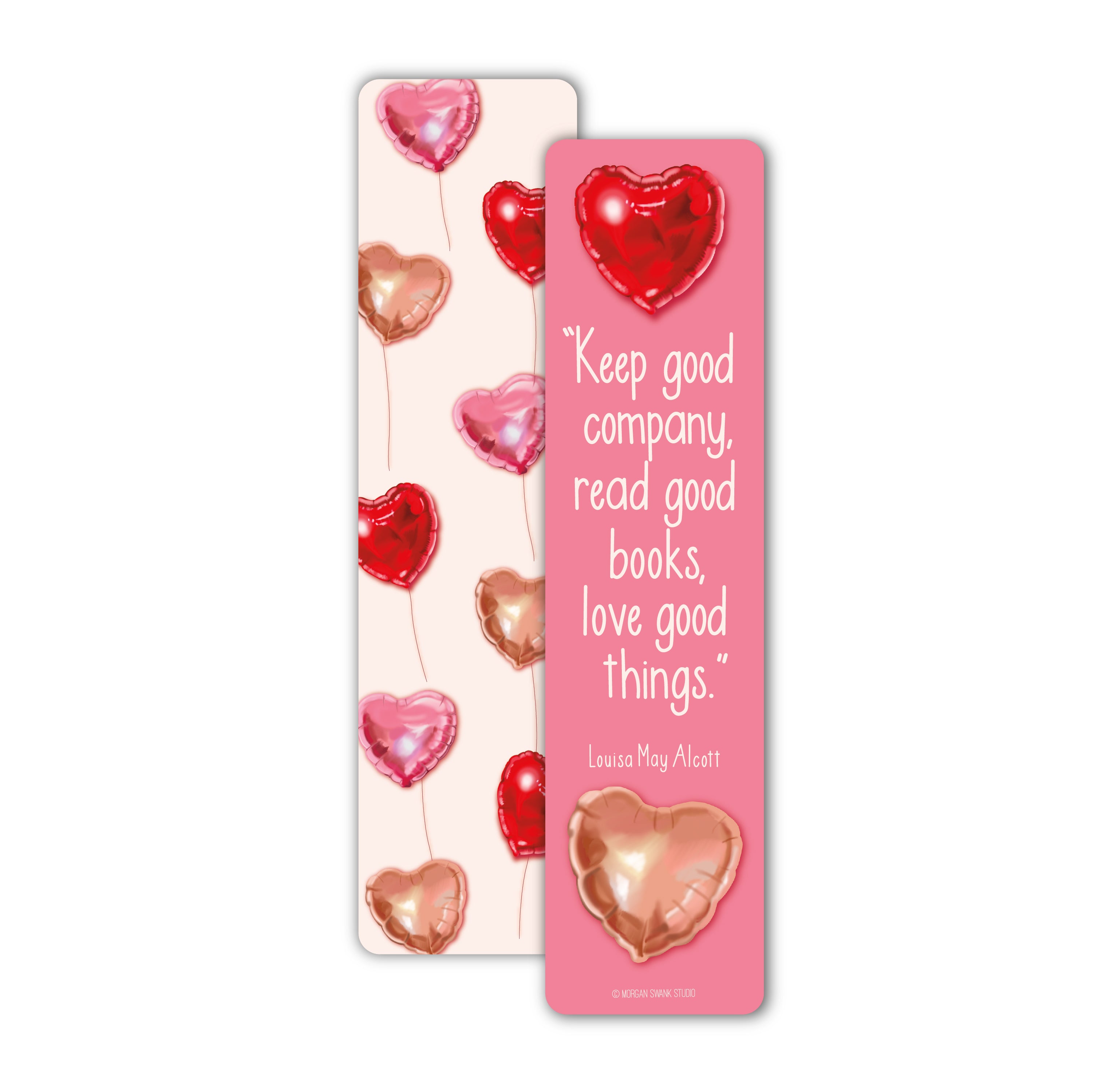 Bookmark with heart-shaped balloons and quote by Louisa May Alcott
