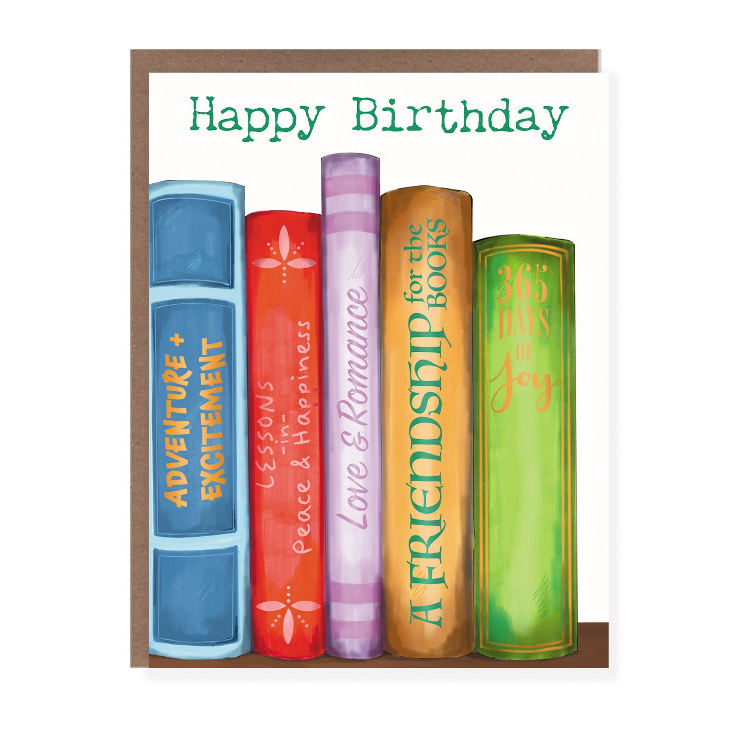  Birthday card featuring colorful illustrated book spines with fun messages like "Adventure + Excitement" and "Love & Romance."