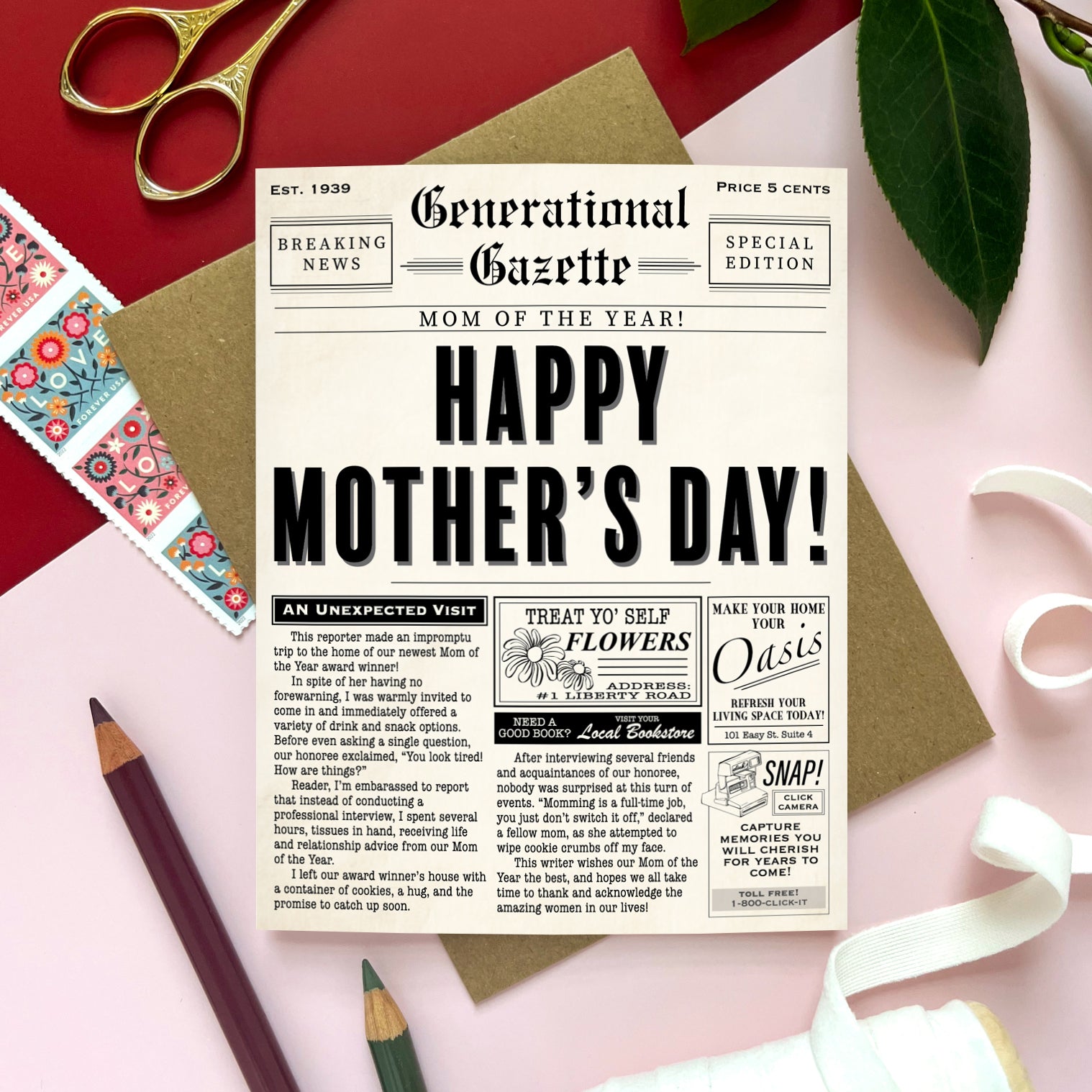 Mother’s Day Vintage Newspaper Card – Morgan Swank Studio