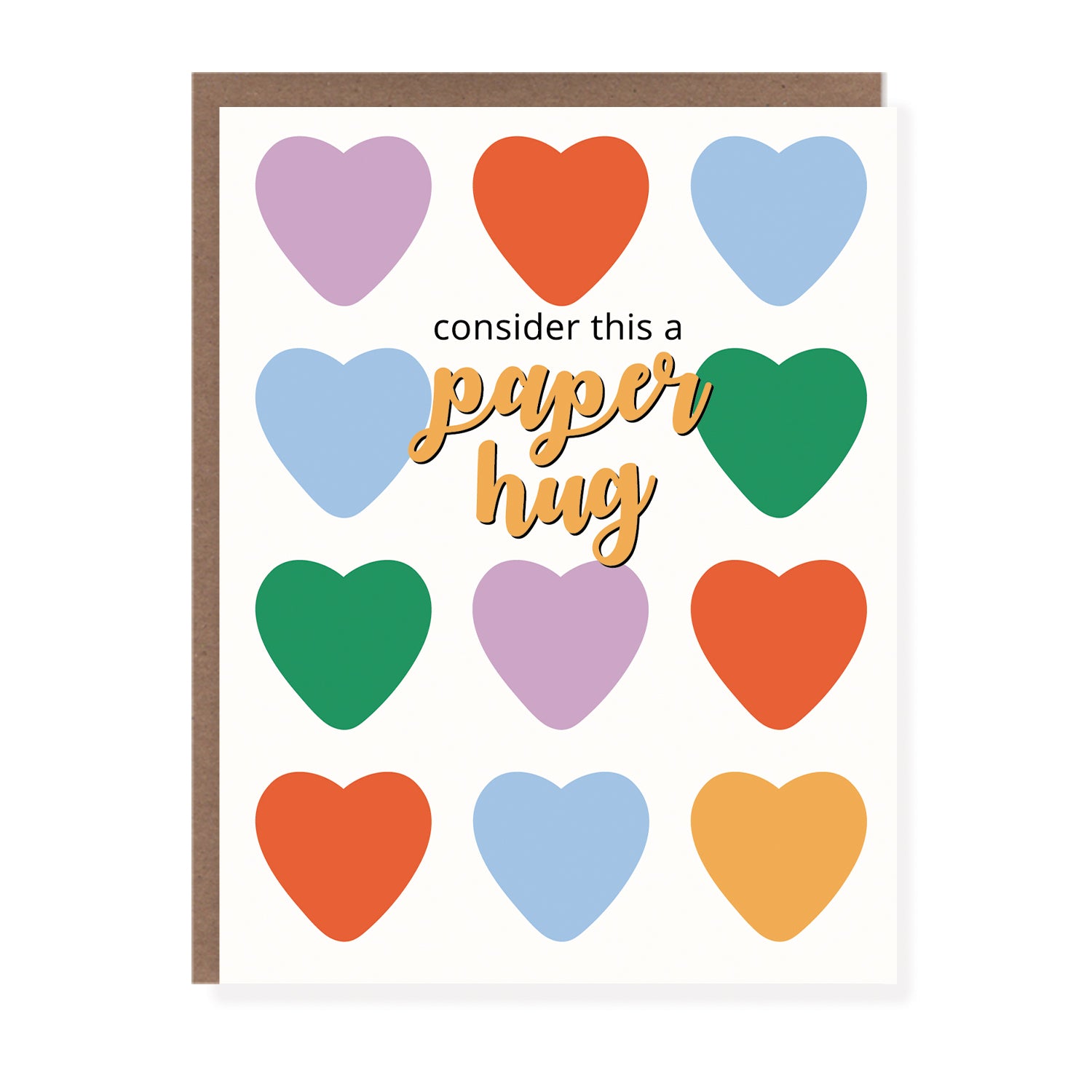 Greeting card with multicolored hearts and the phrase “Consider this a paper hug.”