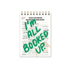Handmade mini notebook with vintage library card design and green “I’m All Booked Up” lettering