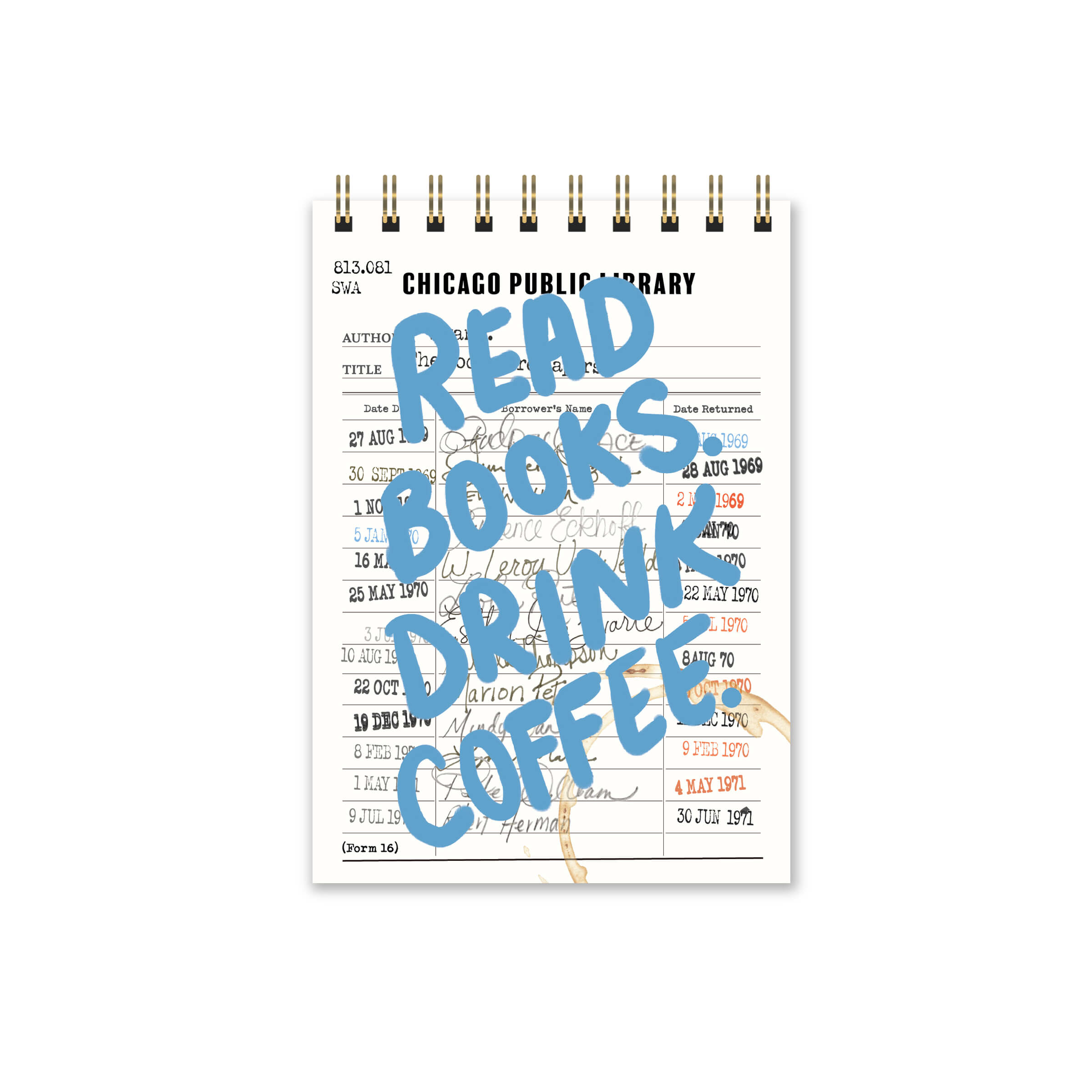 Plastic-free mini notebook with vintage library card design and blue “Read Books Drink Coffee” text