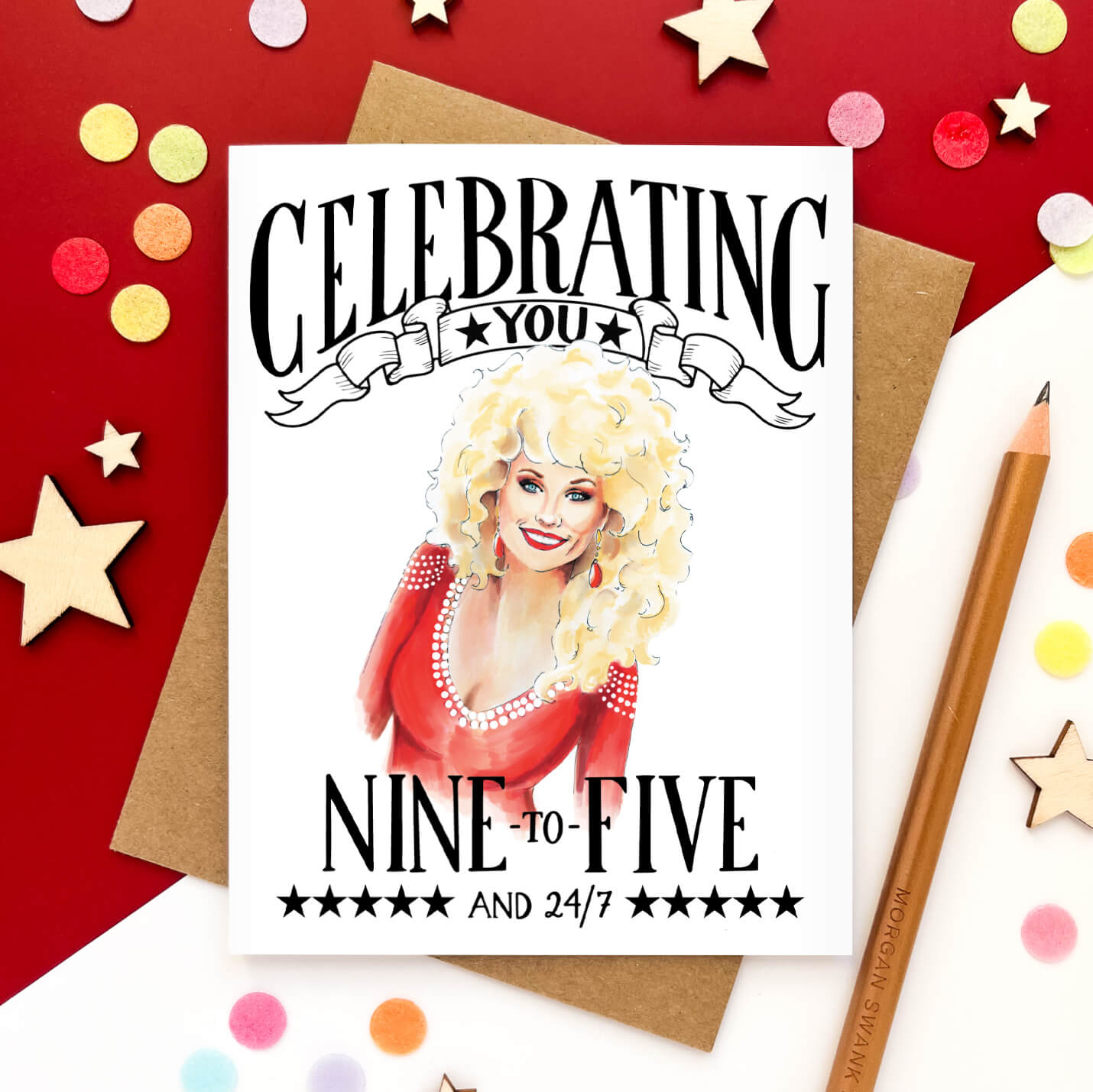 Dolly  with red outfit illustration and the text "Celebrating you nine-to-five and 24/7"