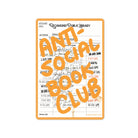 “Anti-Social Book Club” waterproof sticker with orange text over a vintage library checkout card