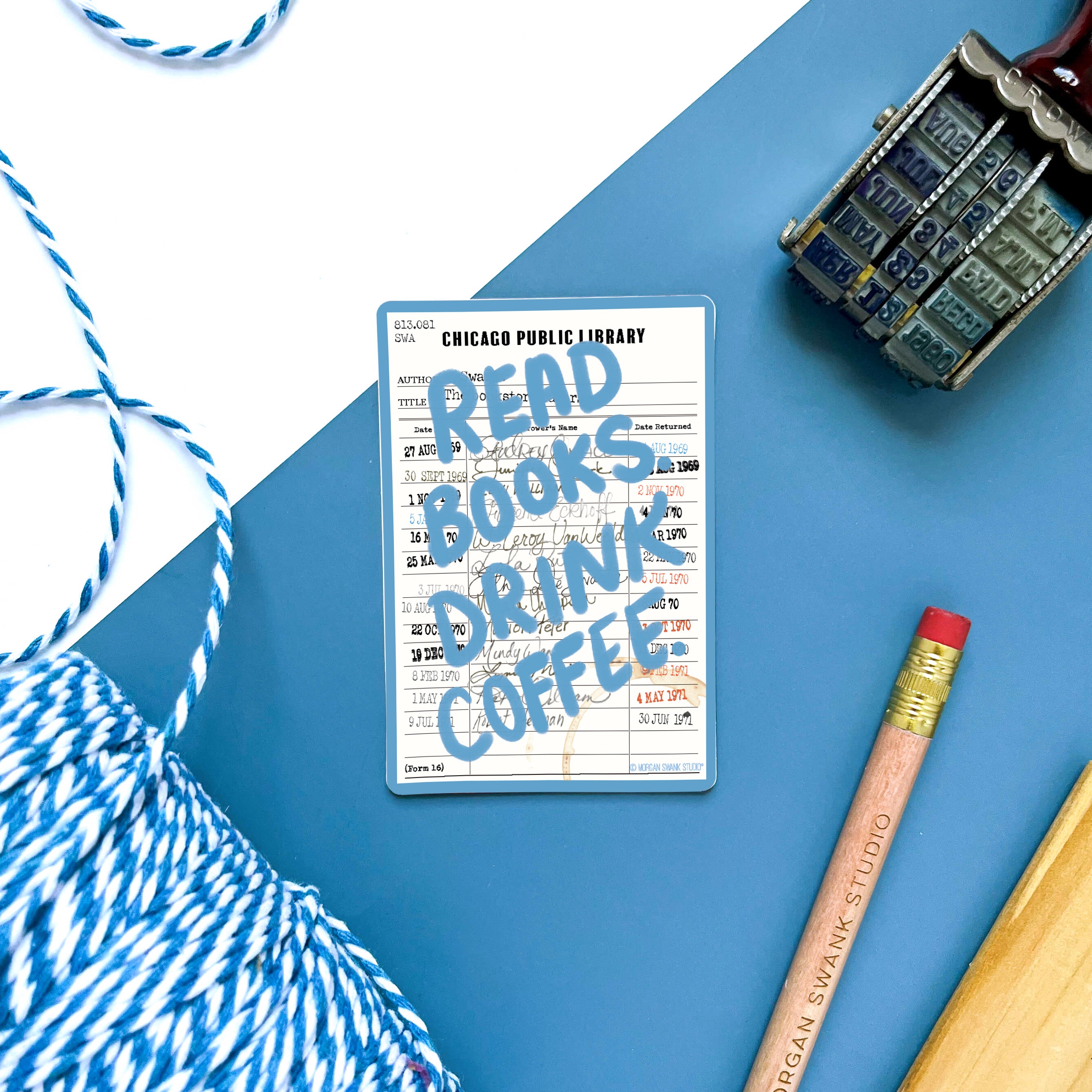 “Read Books, Drink Coffee” blue waterproof sticker with vintage library card background